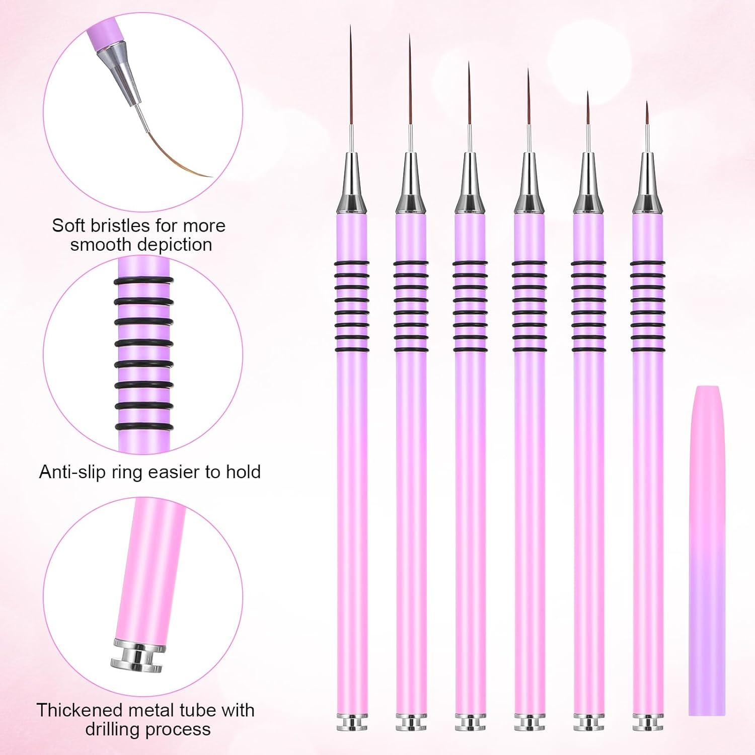 6 Pcs Nail Art Liner Brushes, Nail Art Design Brush Metal Handle Striper Brushes Nails Arts Tools with Striping Nails Arts Brush for Long Lines Thin Details Drawing 5/7/9/11/20/25Mm (Gradient) image number 4