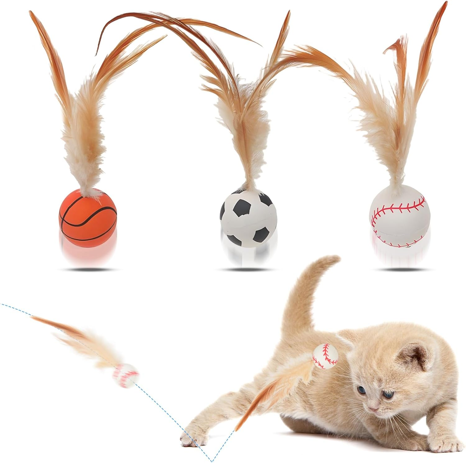 DAMIGHT 3Pcs Cat Bouncy Ball with Feather, Cat Toys Ball Feather Toy for Indoor Cats, Mini Basketball Soccer Toys for Exercise, Bouncy Balls Toys Pet Toys for Cats, Kitten (A) image number 1