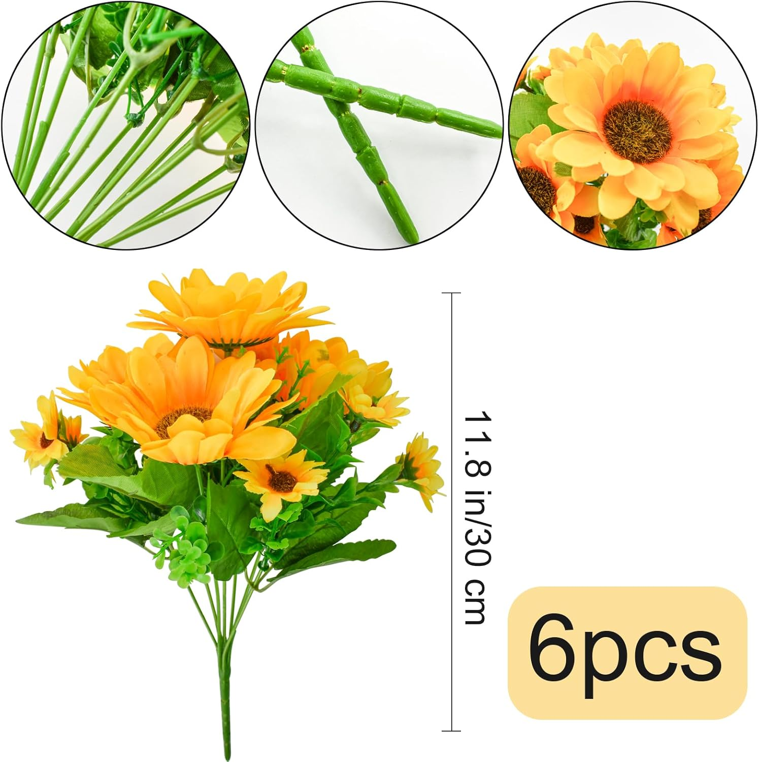Bacucine 6PCS Artificial Sunflower Bouquets Fake Flowers Silk Sunflowers Faux Yellow Flowers for Home Wedding Table Party Garden Decor image number 5