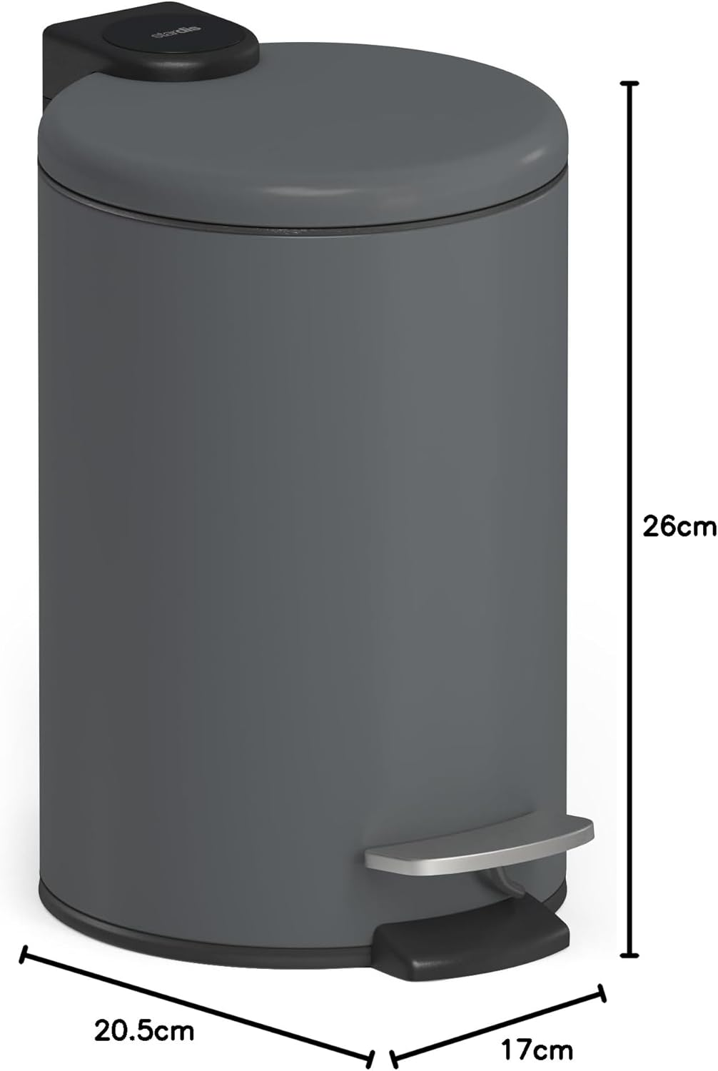 Stardis 3 Litre Pedal Bin Stainless Steel Dark Grey Matt with Soft-Close Mechanism, Folding Lid, Quiet Closing Soft Close with Inner Bucket, Cosmetic Bin, Waste
