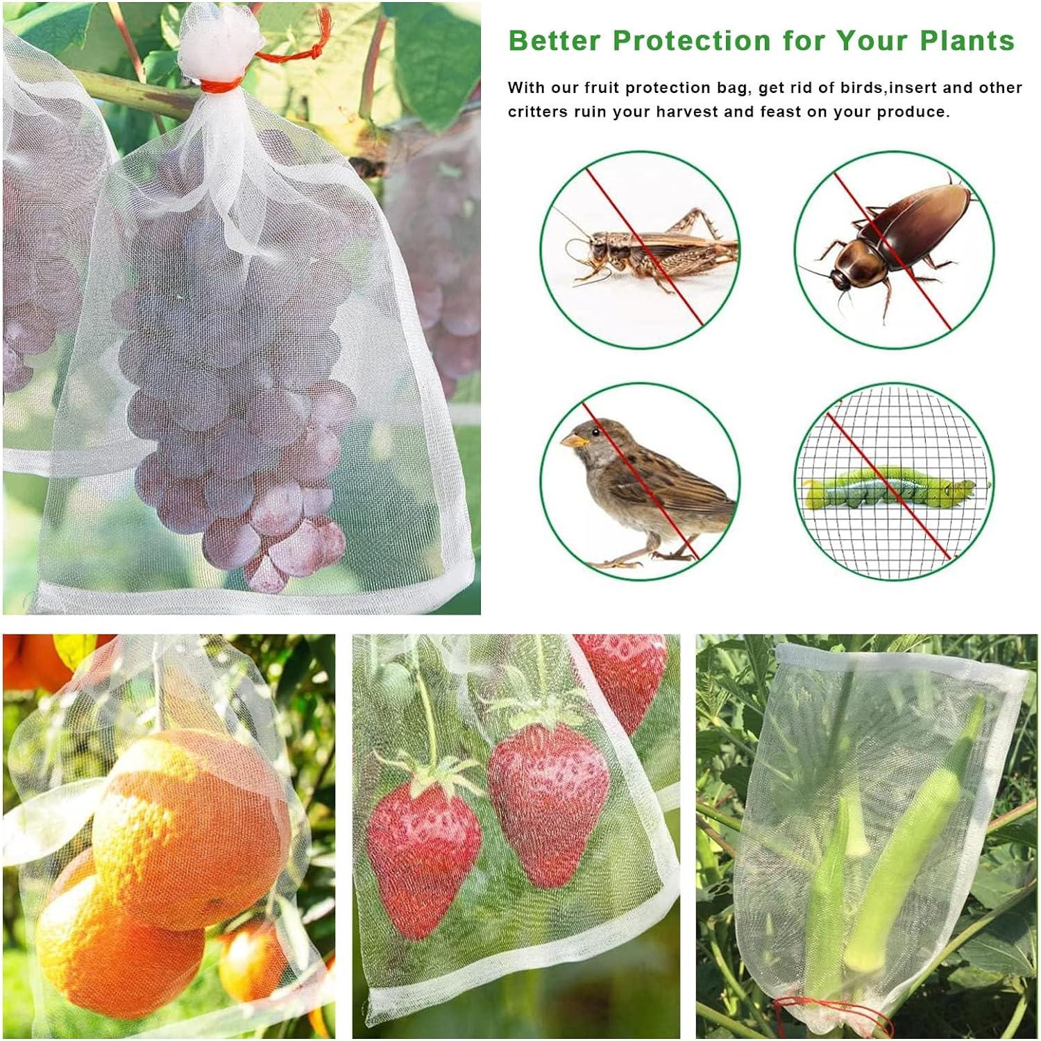 Fruit Protection Bags,100Pcs Reusable Garden Fruit Netting Bags,Drawstring Nylon Mesh Netting Barrier Bag for Protecting Fruits and Vegetables(10X6 Inch) image number 3