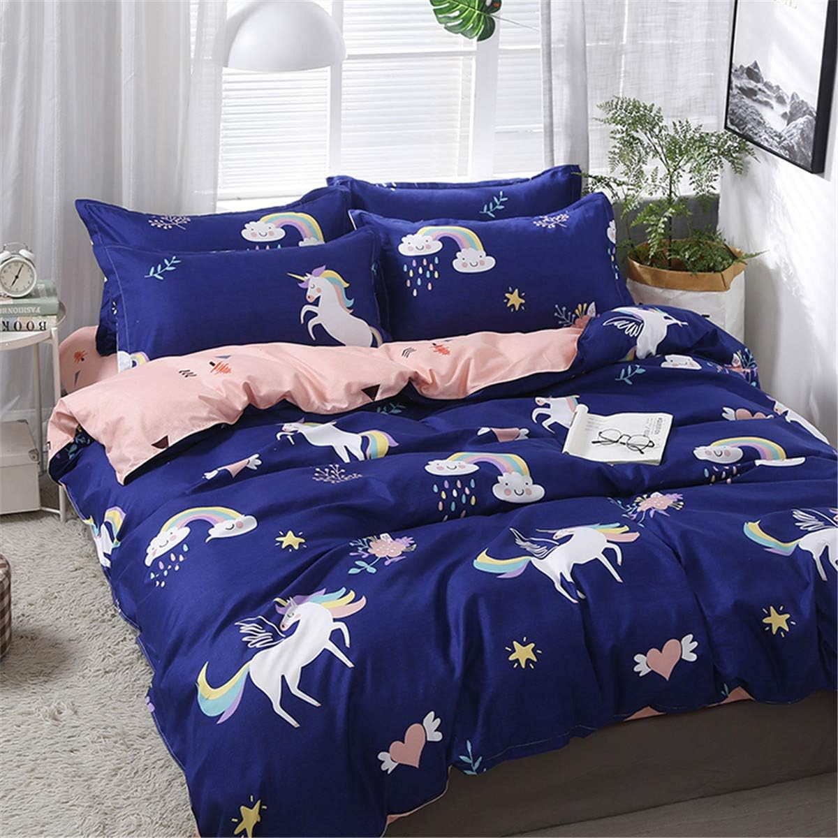 Duvet Cover Set 4 Pieces Single Queen King Twin Full, Morbuy 4 Pcs Bedding Set Reversible Printed Microfiber Soft with 1 Quilt Cover 2 Pillowcases 1 Sheets (220X240Cm,Unicorn) image number 2