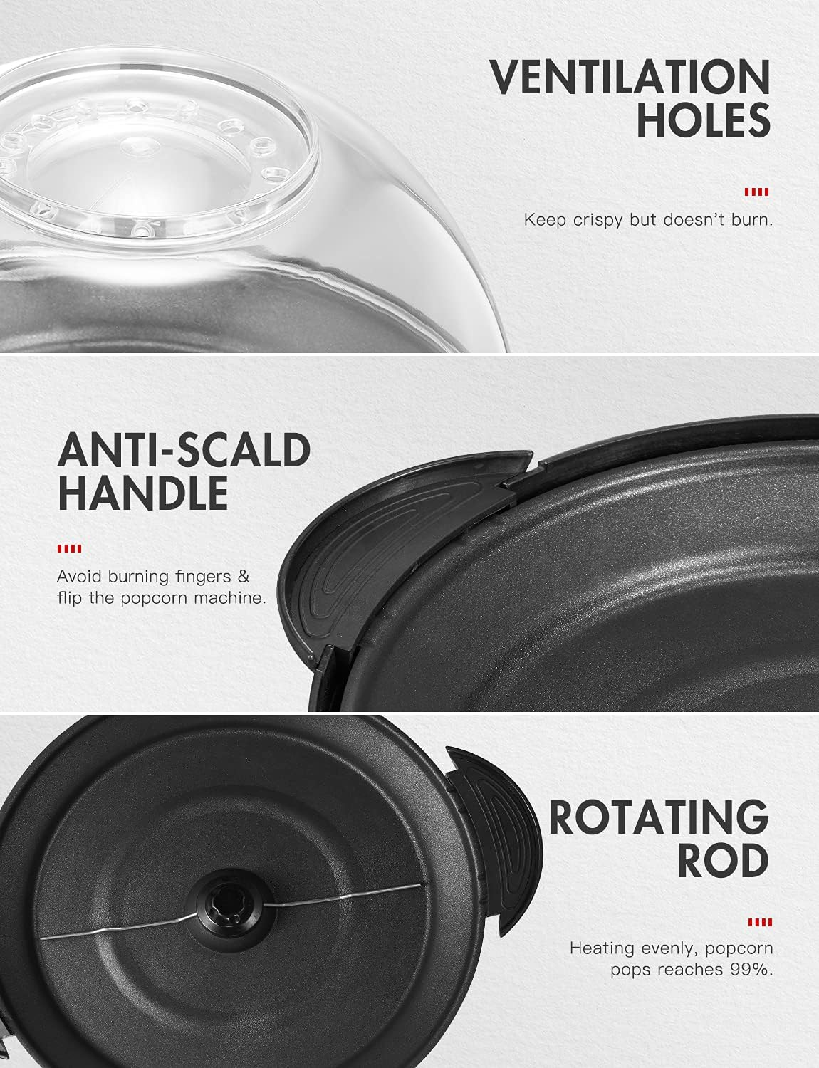 VINATO Popcorn Machine, Popcorn Maker for Home, Popcorn Popper Machine with Non-Stick Coating and Removable Heating Surface, 5 L, with Cool Touch Handles