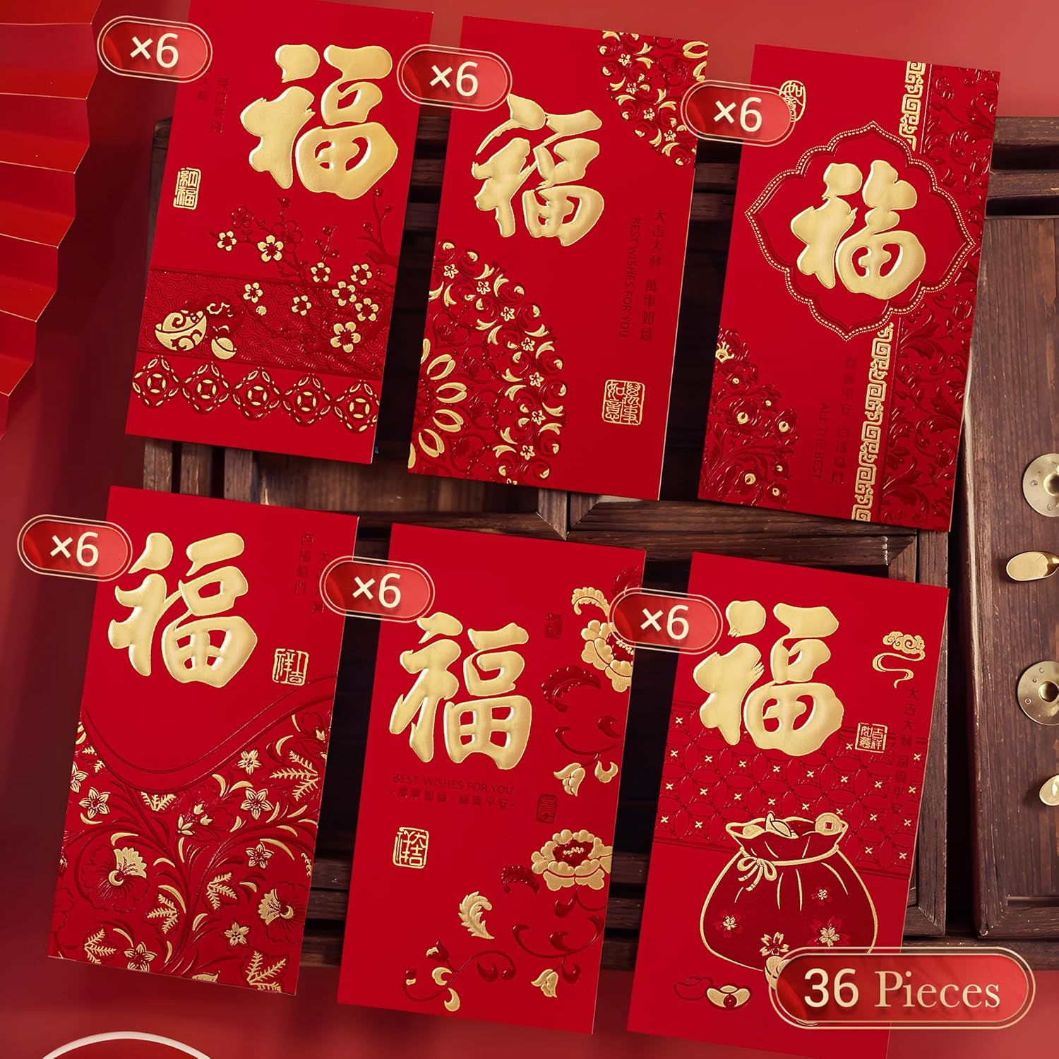 Thxtoms 36Pcs Red Envelopes Chinese New Year,Red Chinese Envelopes for Money 2026 Horse Lunar New Year,6 Designs, Gold Foil Fu, L image number 3