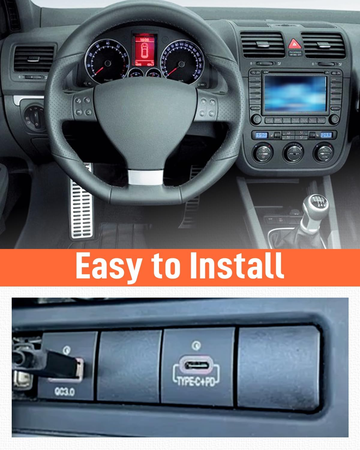 USB-C PD Charger for VW Golf GTI R-Line MK5 MK6, Jetta MK6, Scirocco, Touran 2006-2015 - Dual USB QC3.0 Charger with Quick Charge 3.0 Technology