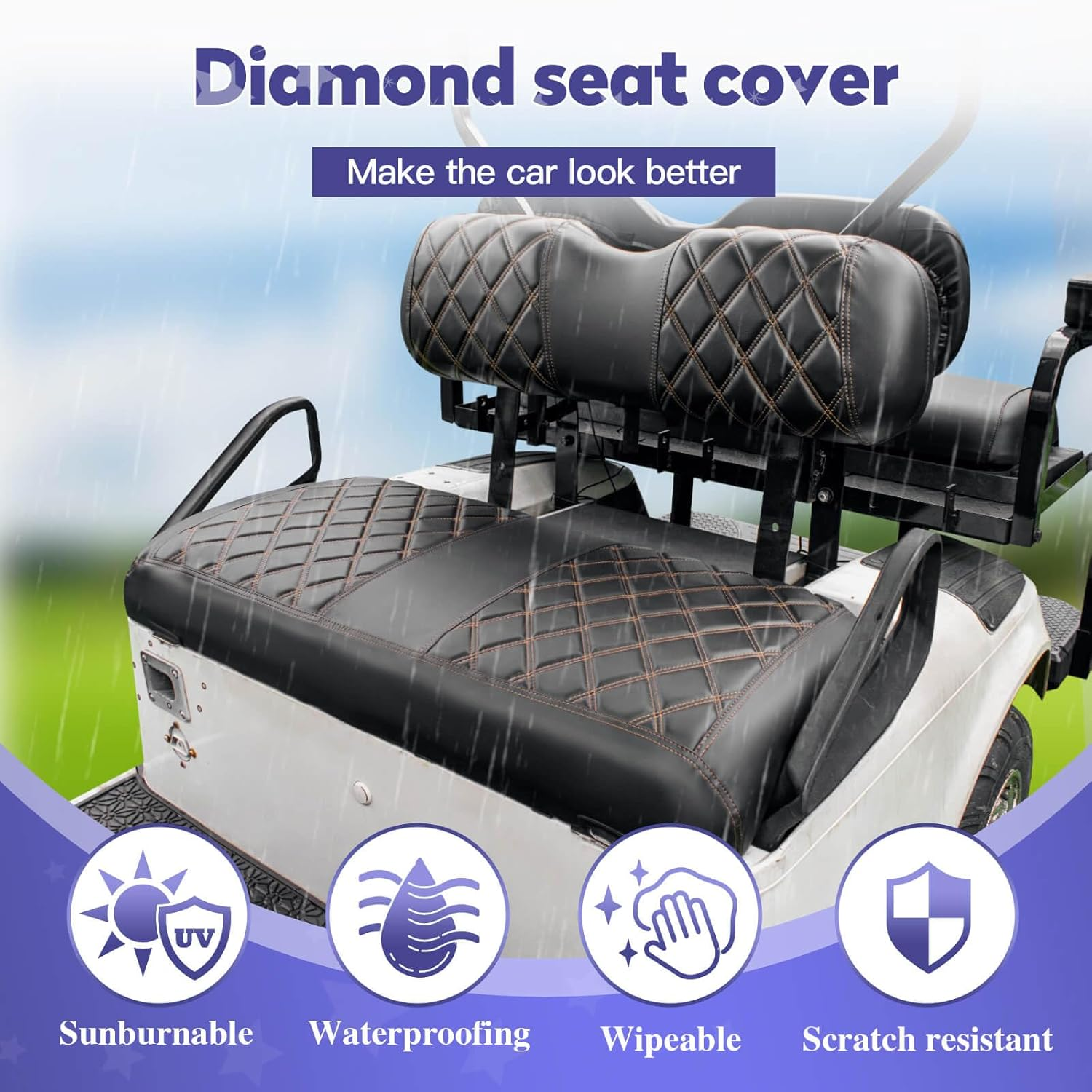 NOKINS Golf Cart Diamond Seat Covers Kit, Fit for EZGO TXT 1994-2013 OEM Ordinary Front Seat Cushion, Golf Cart Vinyl Seat Cover, No Nails Required (Black and Brown Stitching) image number 1
