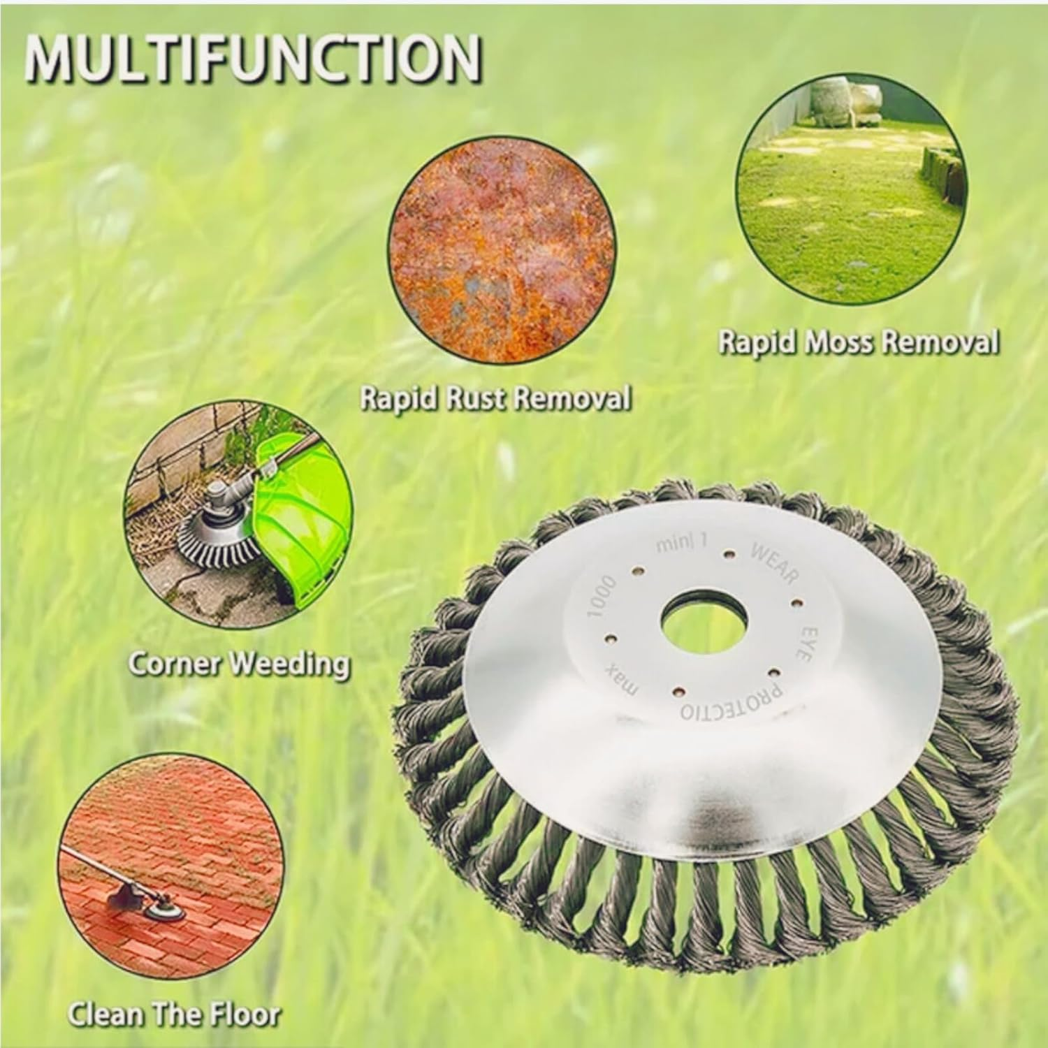 8 Inch Steel Wire Rotary Brush Cutter Trimmer Head Weed Blade Cutter with Adapter Kit Compatible with Husqvarna-Stihl-String-Trimmers, Gardening Lawnmower, Moss Grass Rust Removal image number 1