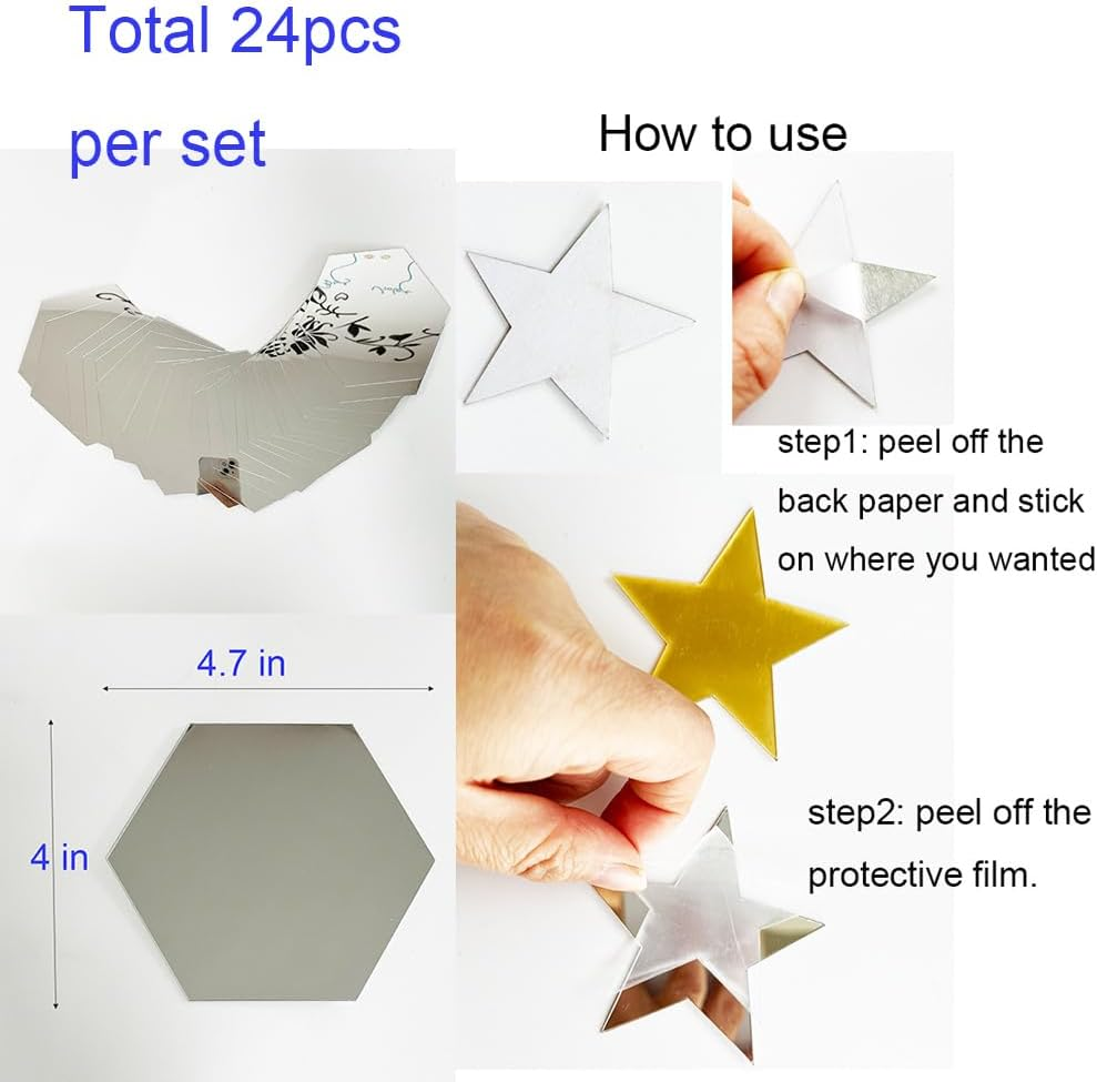24Pcs Silver Hexagon Mirror Acrylic Wall Stickers with Adhesive Art Decal Satin Paper Baby Kids Bedroom Home DIY Decor Removable Stickers (Hexagon Silver) image number 2