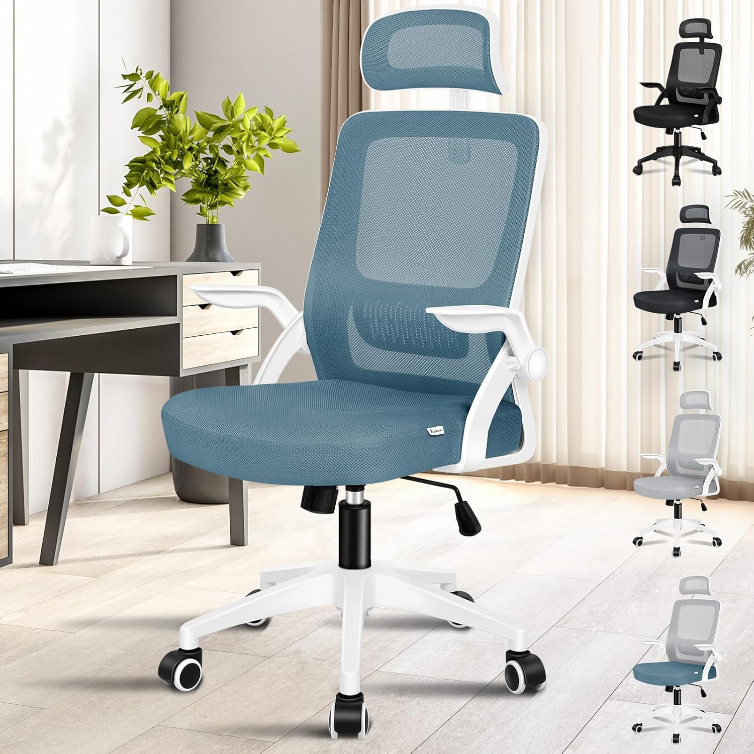 ALFORDSON Mesh Ergonomic Office Chair with Adjustable Headrest & Flip-Up Armrest, Tilting Executive Computer Desk Chair with SGS Listed Gas-Lift, Swivel Gaming Chair(Arco White Grey)