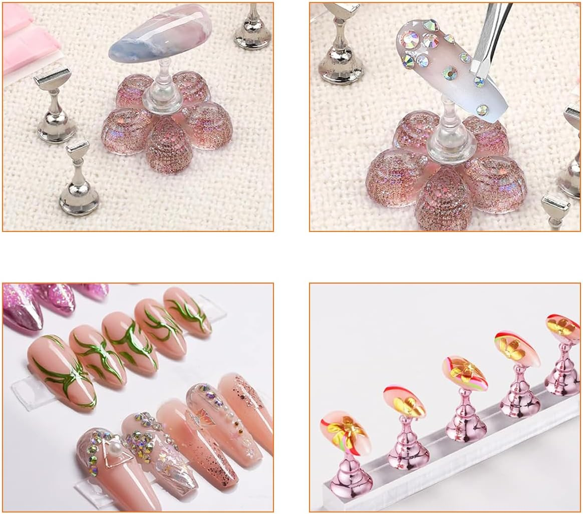 Ruayia 2 Sets Nail Stand on Nails Display, Acrylic Aurora Nail Stand, Pink Training Finger Display Stand, Press on Nails Display Stand, with 48 Pieces Adhesive Clay, Pink and Clear image number 2