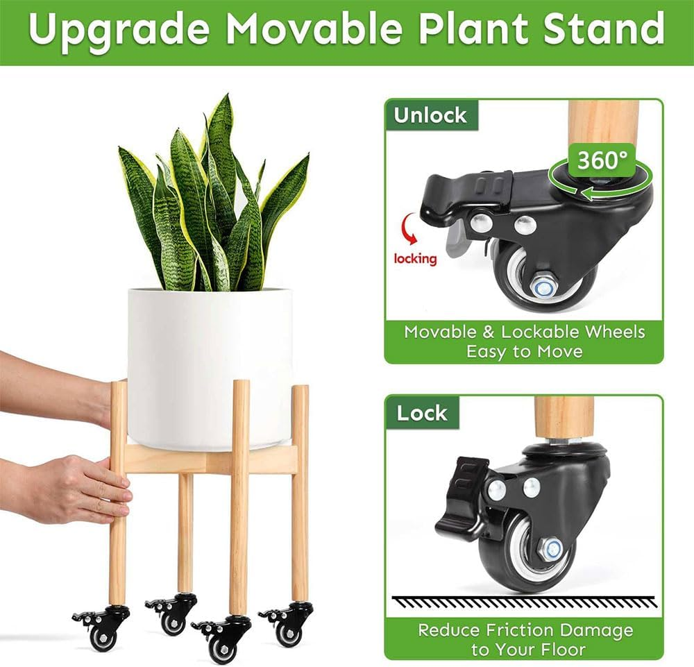 Wood Plant Stand with Wheels &ndash; Movable Plant Holder for 20&ndash;25 CM Pots, Indoor/Outdoor Rolling Flower Rack with Lockable Casters (Natural, 26 X 26 X 30 CM) image number 6