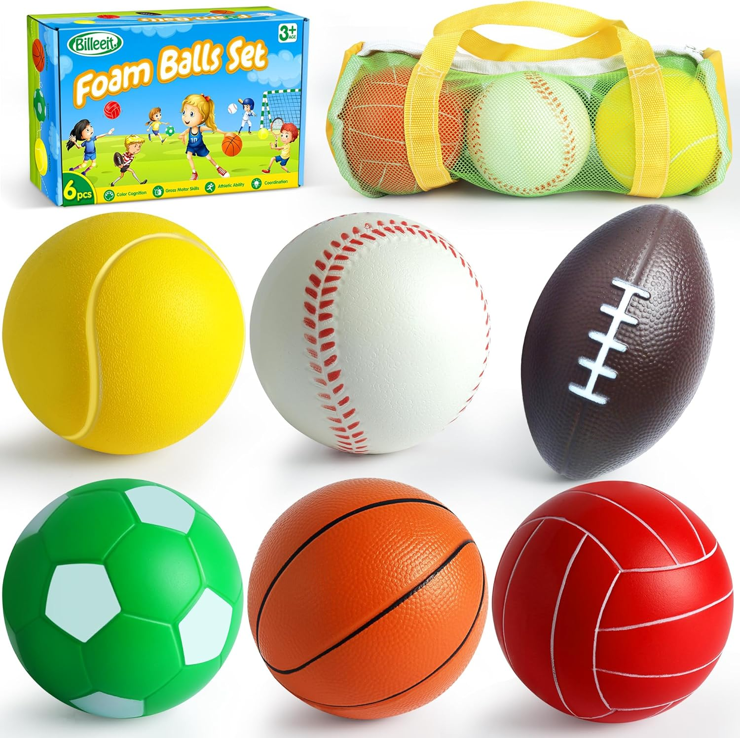 Mini Sports Balls Set for Toddler 1-3, First Sports Bag for Kids, Include 1 Each of 3.5" Foam Soccer, Tennis Ball, Basketball, Football, Baseball, Volleyball, Fun Baby Ball Toys, Set of 6 image number 1