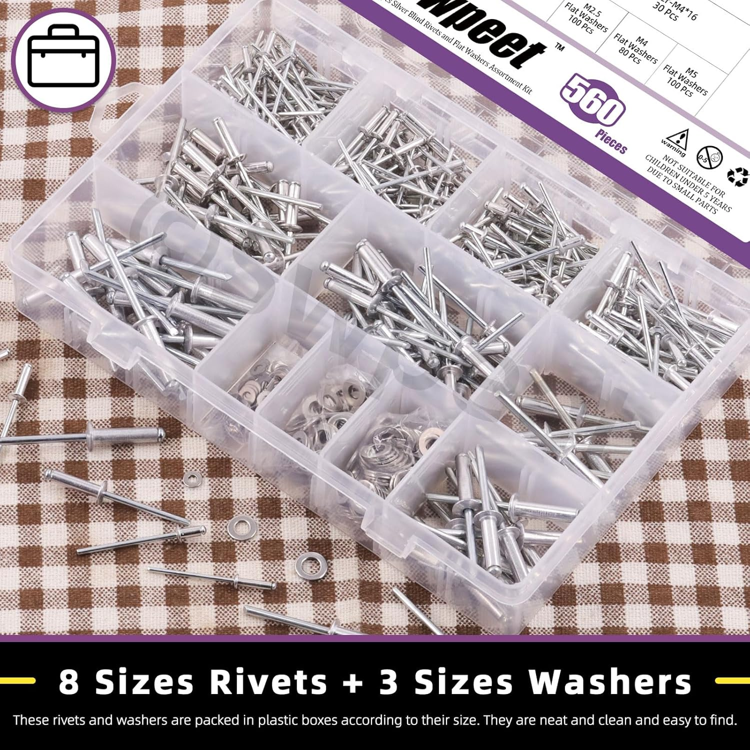 Swpeet 560Pcs Silver 3/32" 1/8" 5/32" 3/16" Pop Rivets Assortment Kit with Stainless Steel Backup Washers, Assorted Aluminum Blind Rivets with Divider Labeled Case for Storage - Silver image number 2