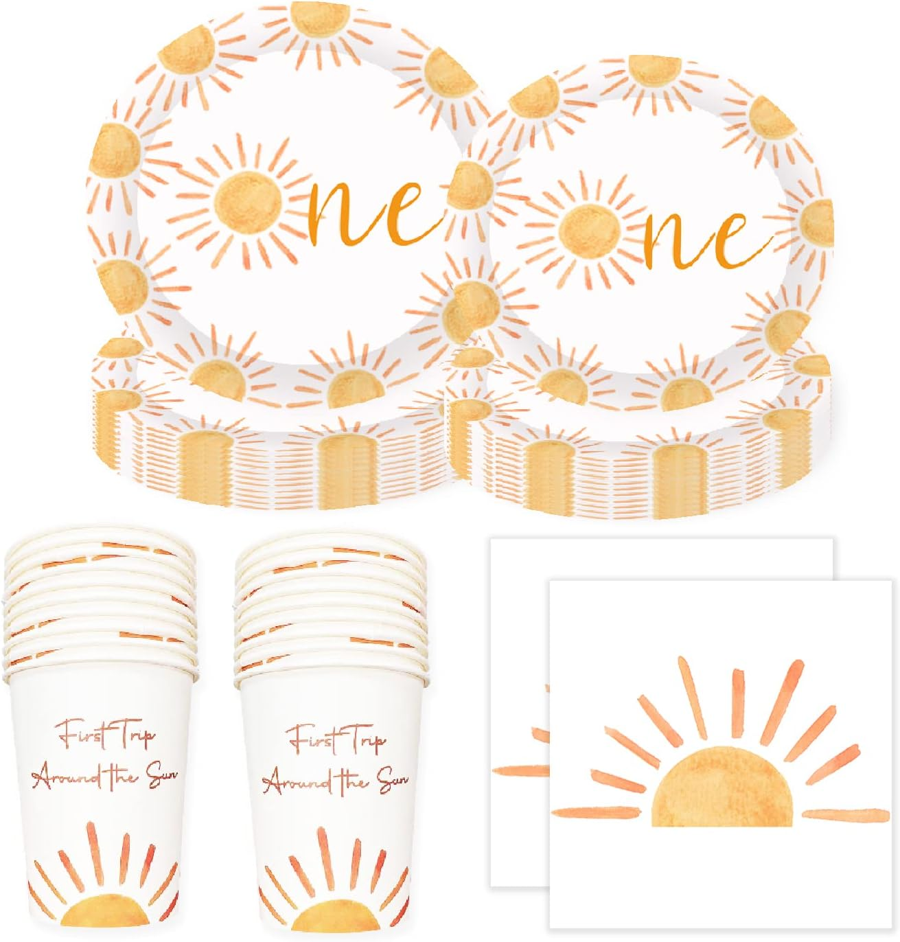 First Trip around the Sun Boho Sun 1St Birthday Decoration - 102Pcs Paper Plates, Napkins, Cups, Table Cloth - You Are My Sunshine Party Supplies