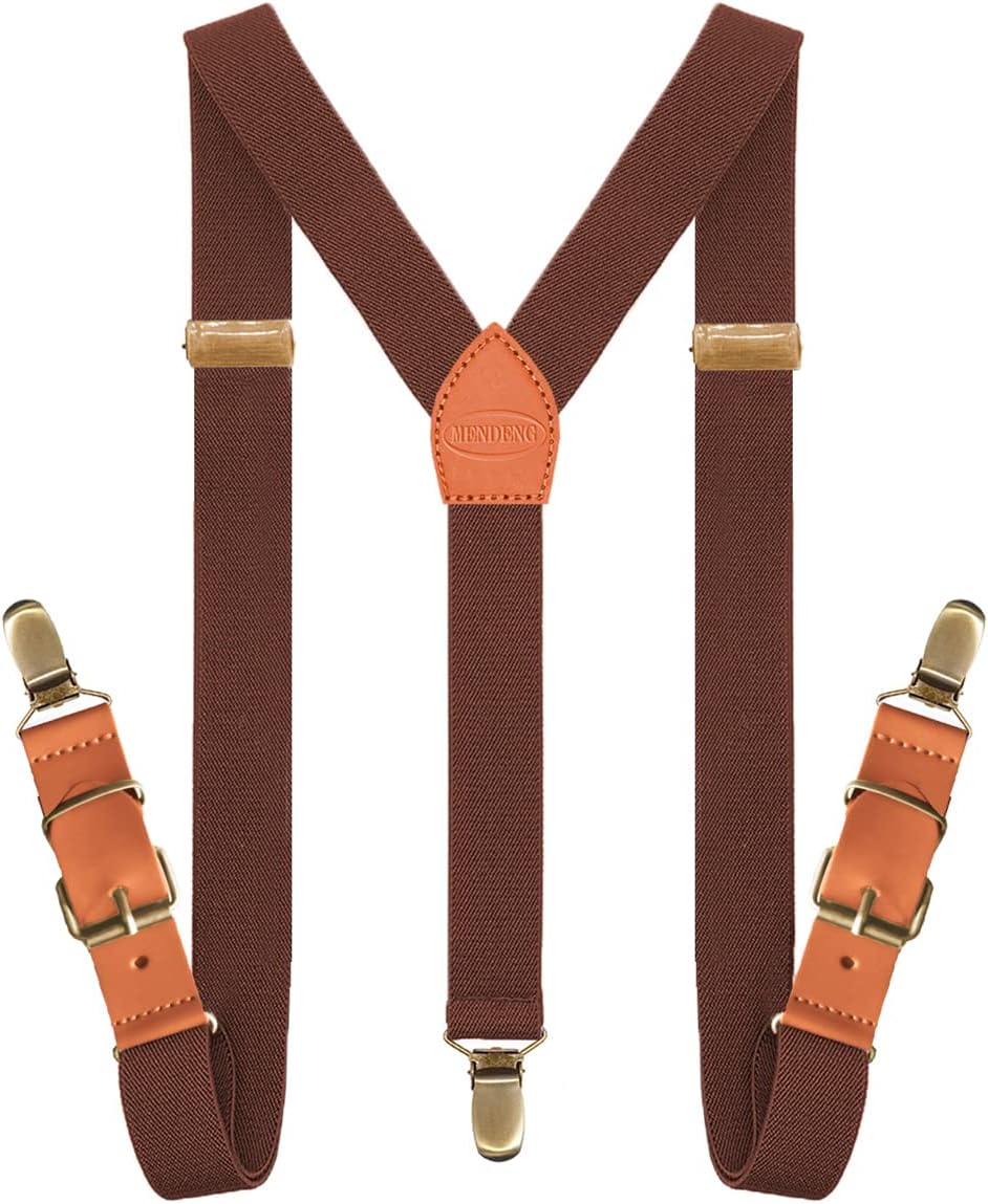MENDENG Adjustable Suspenders for Men Bronze Metal Clips Braces with Leather