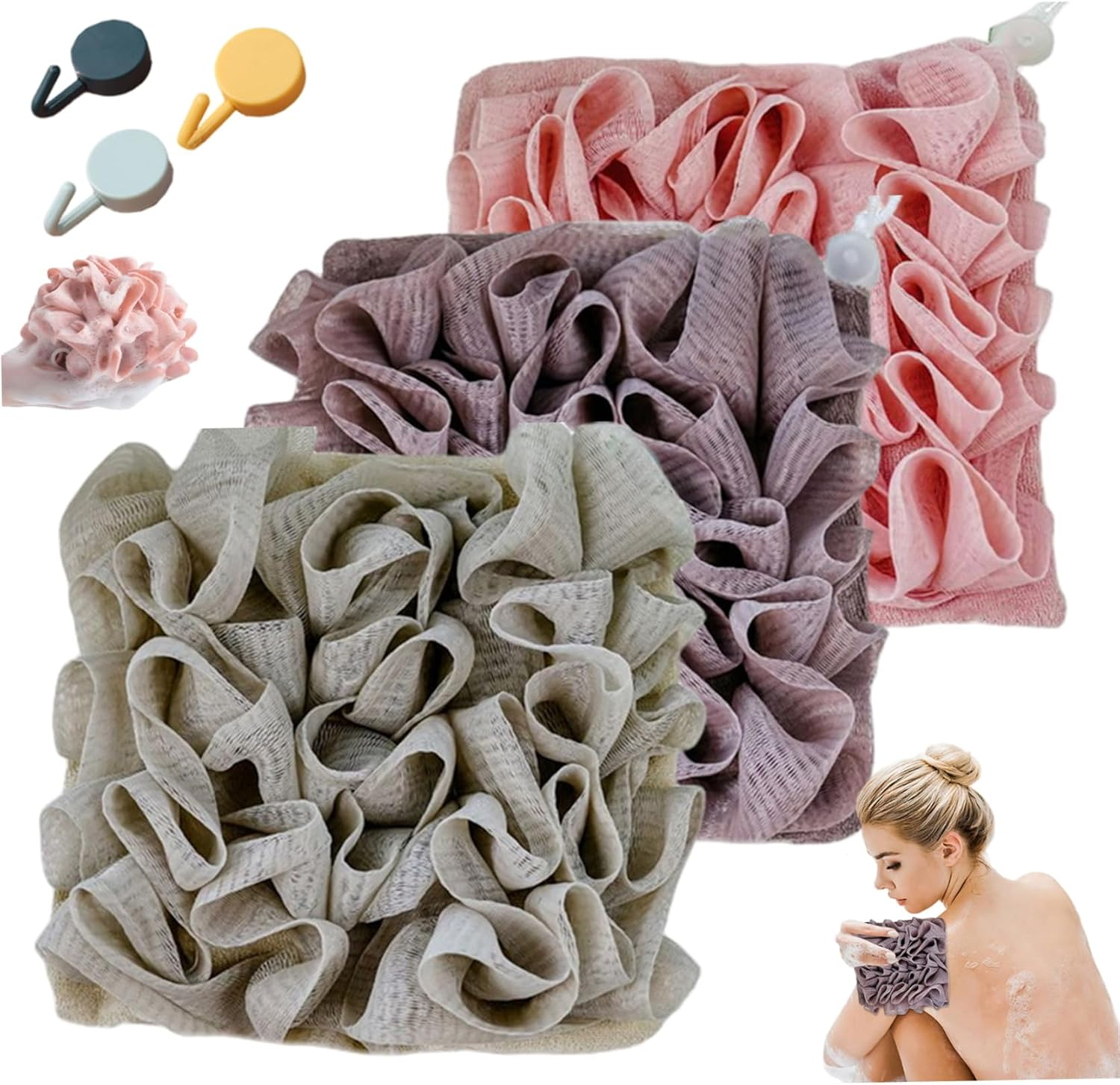 3-Pack Loofah Washcloth Set with Soap Pouch Exfoliating Bath Sponge with Drawstring Dual-Sided for Deepth Cleansing & Smooth Skin (3 Colors)
