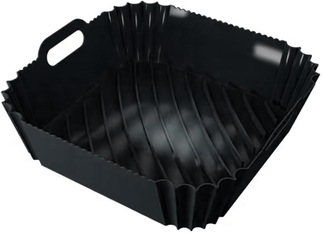 AIMALL Silicone Air Fryer Pot - Non-Stick Reusable Basket Liner, Baking Tray with Strong Handles, Grey & Black