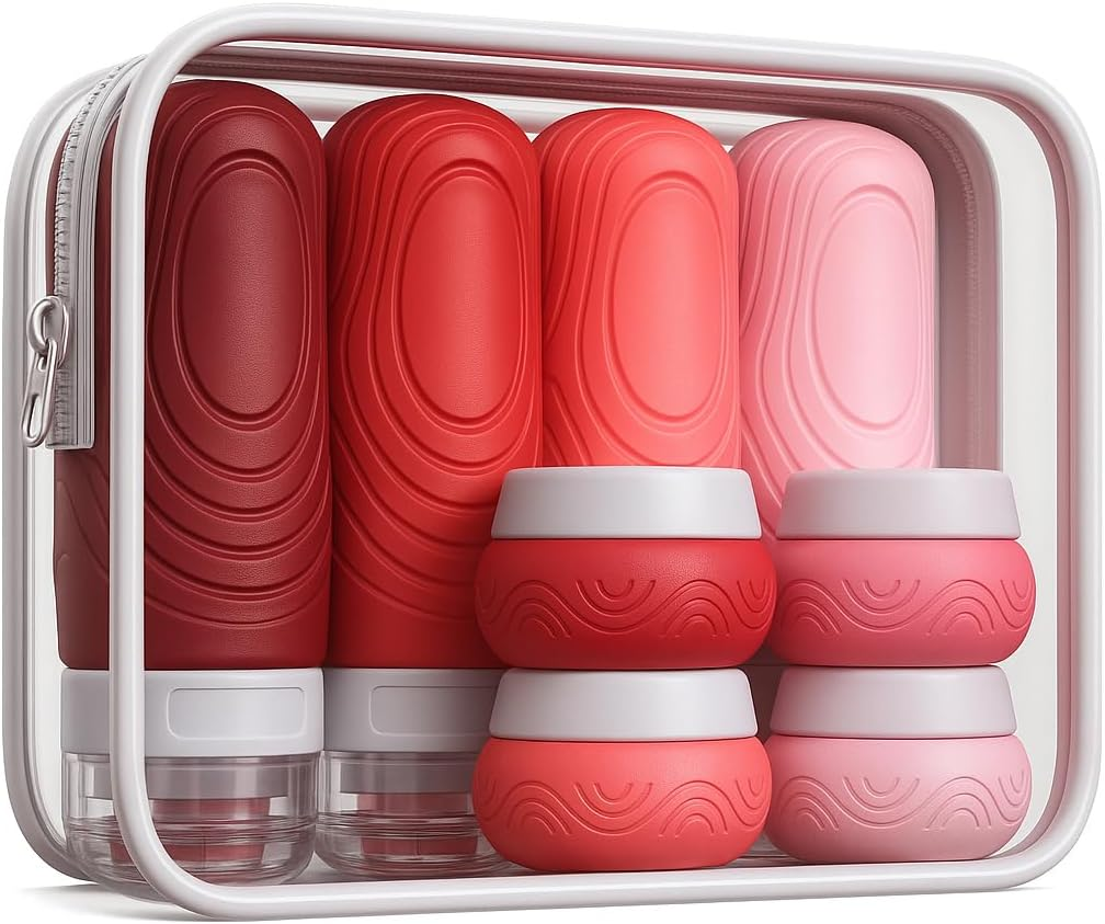 Aeomni Silicone Travel Bottles Set, TSA Approved 3-1-1 &mdash; 4&times; 89 Ml (3 Oz) Squeeze Bottles + 4&times; 30 Ml (1 Oz) Jars, Food-Grade, Leak-Proof, Refillable, with Clear TSA Bag &mdash;Grey Gradient image number 4