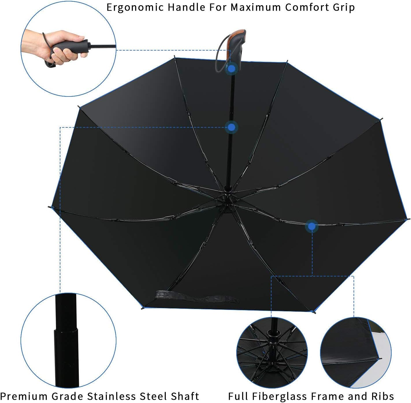 HAILSTORM Folding Reverse Umbrella with UV and UPF50+ Protection - Inverted Windproof Umbrellas with Lightweight Fiberglass Frame - Royal Blue image number 3