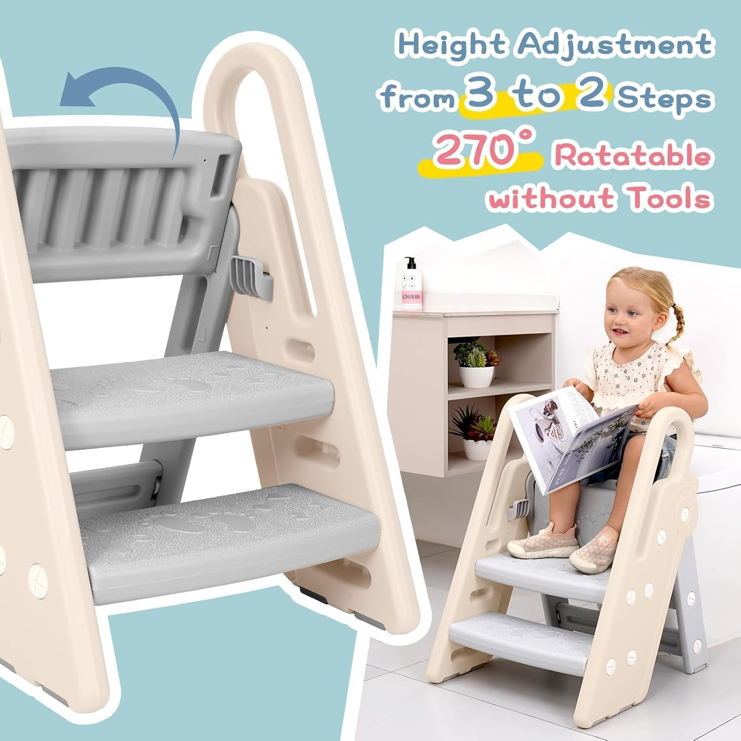 Foldable Step Stool for Bathroom Sink, Adjustable Kids 3 Step Stool for Toilet Potty Training Toddler Tower with Handles, Baby Child Kitchen Counter Stool Helper image number 2