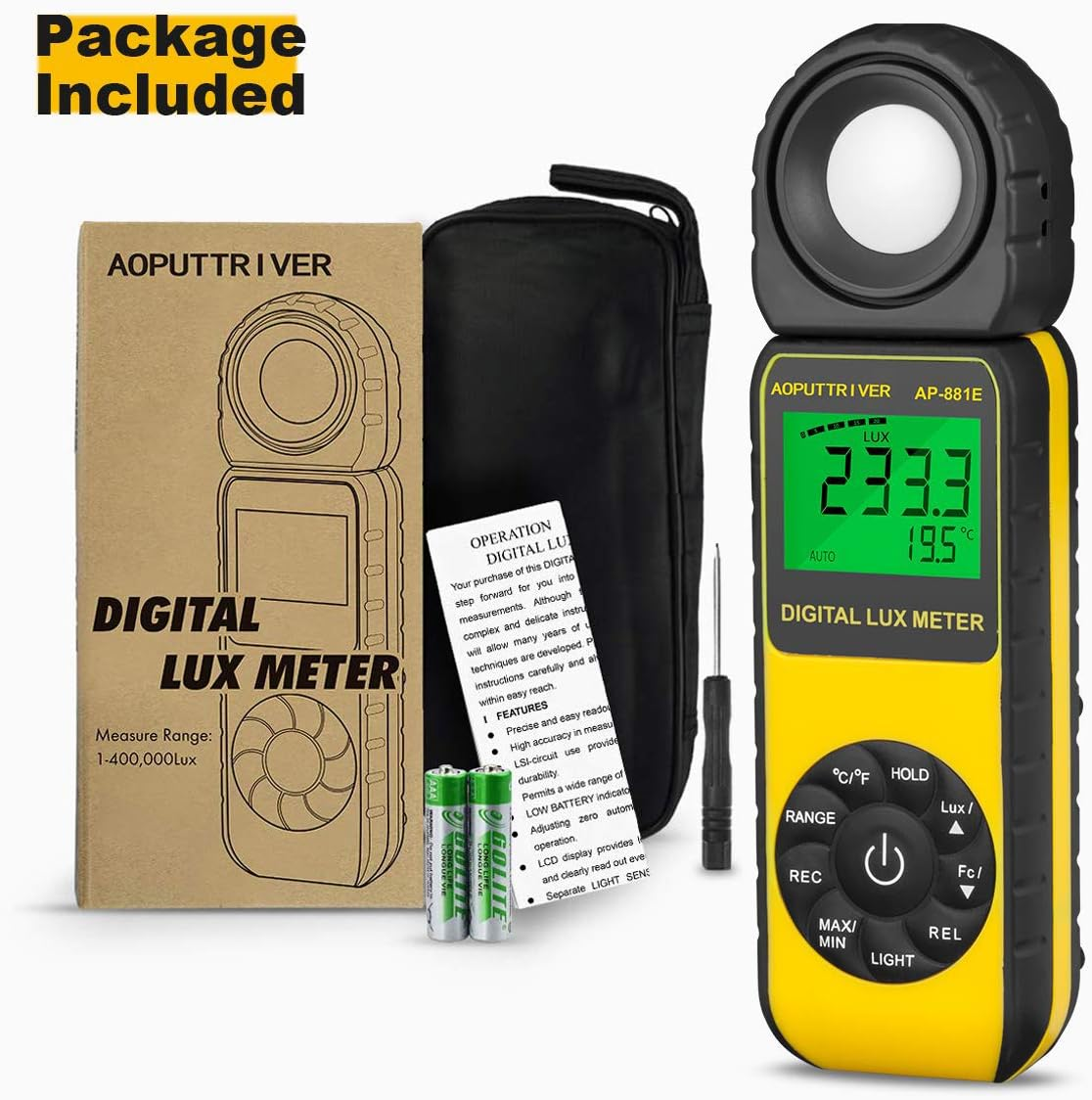 Handheld Light Meter, AOPUTTRIVER AP-881E Digital Illuminance Light Meter with 0.01~300,000 Lux (0.01~30,000 FC), Foot Candles Luxmeter with 270&ordm; Rotated Sensor with Temp(℃/℉) and Backlit for Plants - Ap881D(0.01~400,000 Lux) image number 4