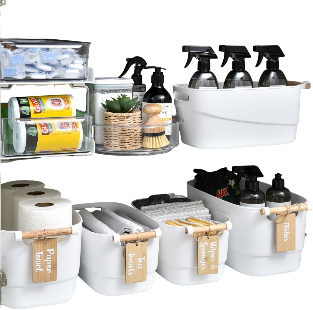 Under Sink Storage Set &ndash; 2 Tier Drawer with Adjustable Dividers, 25Cm Lazy Susan, White Storage Tubs with Wooden Handles &ndash; Space-Saving Organiser for Kitchen, Bathroom & Laundry