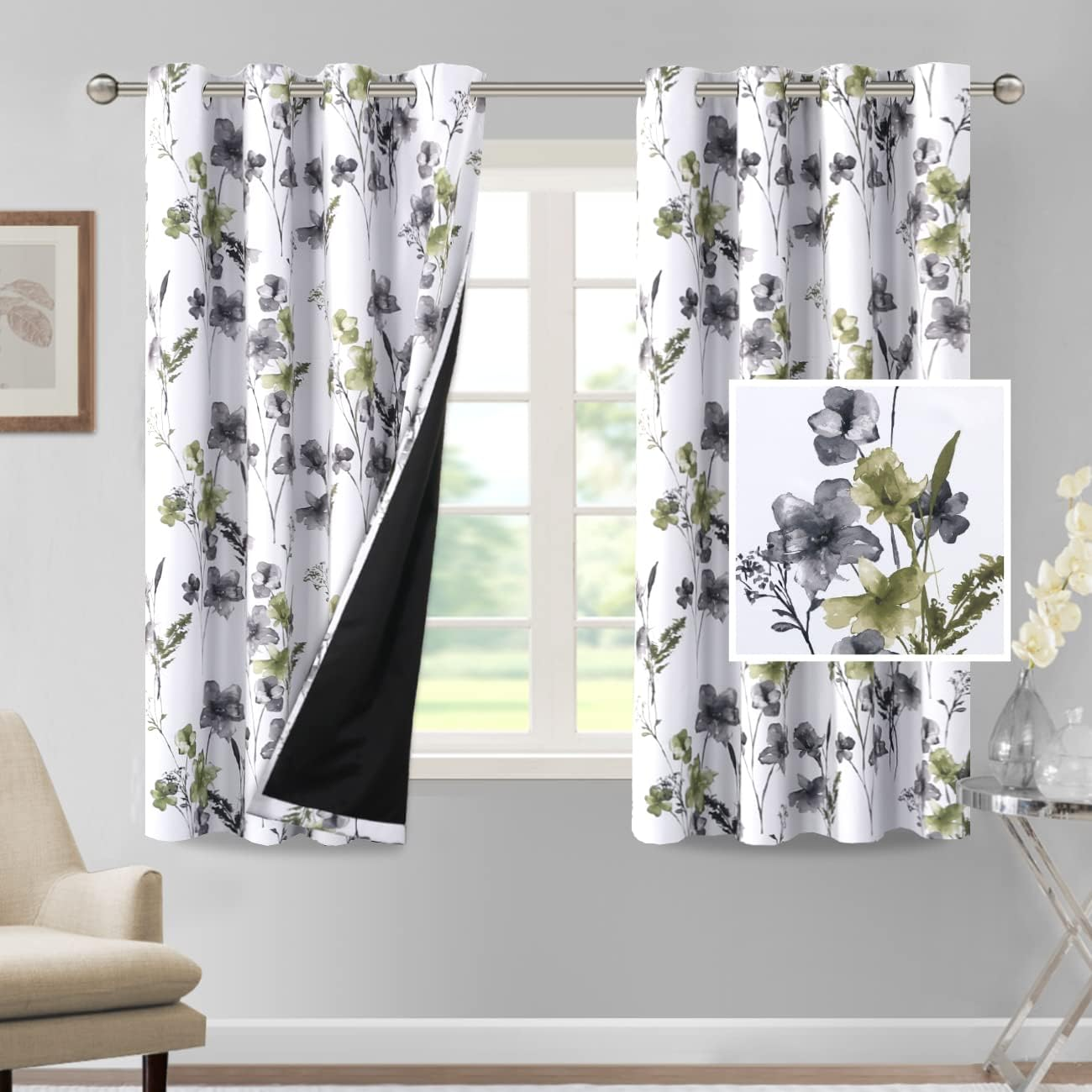 Princedeco 100% Blackout Curtains 2 Panels Set Cattleya Floral Printed Drapes Leah Floral Thermal Curtains for Bedroom with Black Liner Sound Proof Curtains,Grey and Yellow W132Cm X D213Cm