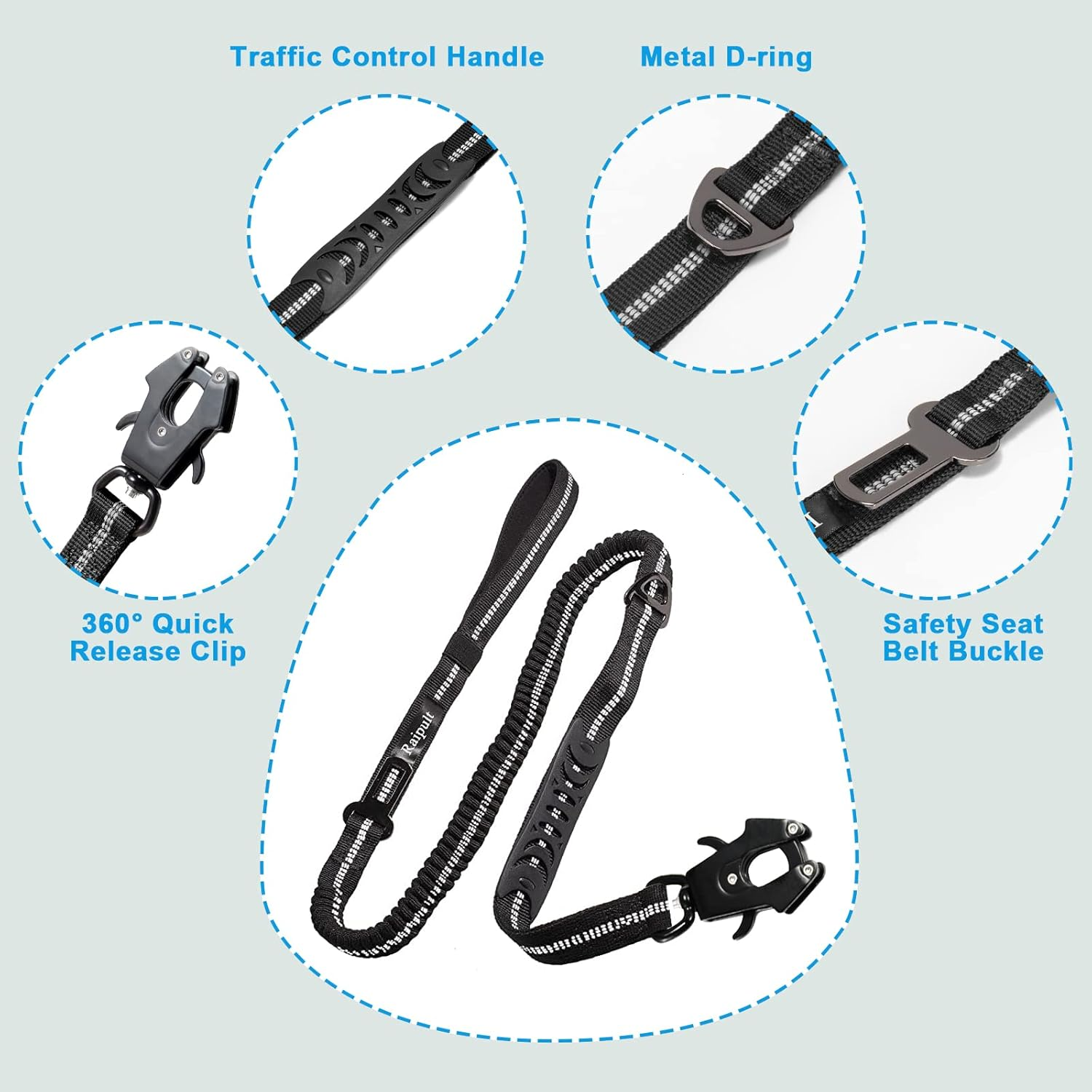 Raipult Tactical Heavy Duty Bungee Dog Leash for Medium Large Dogs That Pull, Military K9 Working Lead, 4-6FT Shock Absorbing Frog Clip Dog Leashes with Padded Traffic Handle & Car Seatbelt, Black
