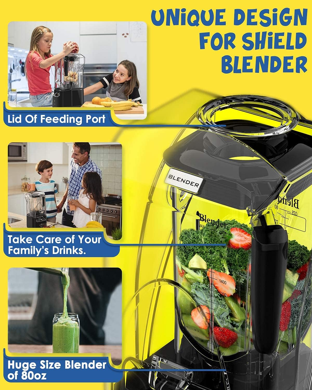 CRANDDI Quiet Commercial Blender with Soundproof Shield, 2200 Watt Professional Blenders for Kitchen with 80Oz Jar and Self-Cleaning, High-Speed Blenders K90 Black image number 1