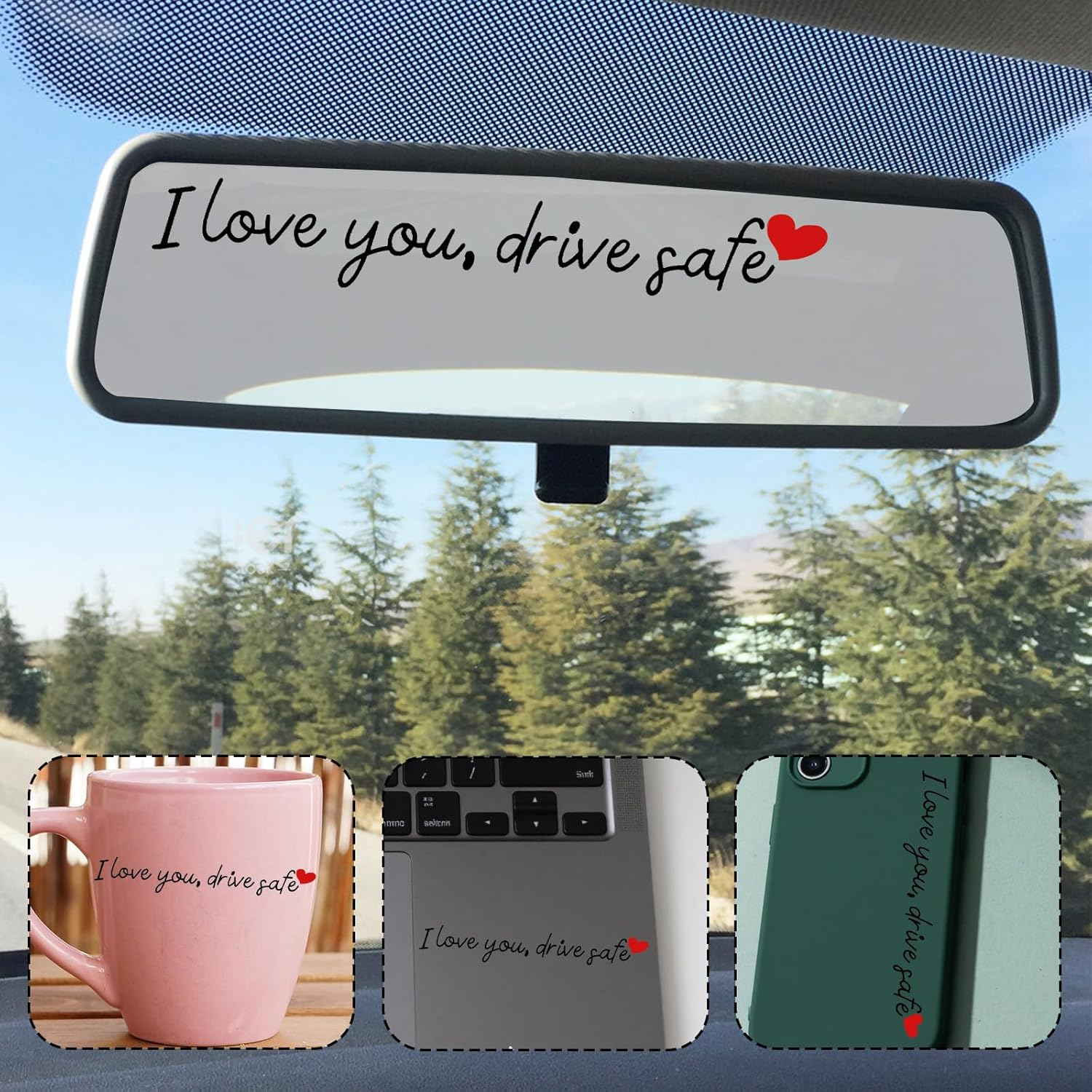 3Pcs I Love You Drive Safe Mirror Sticker, Car Rearview Mirror Decal Safe Driving Stickers Funny Auto Vinyl Window Decals for Men Women (Black) image number 3