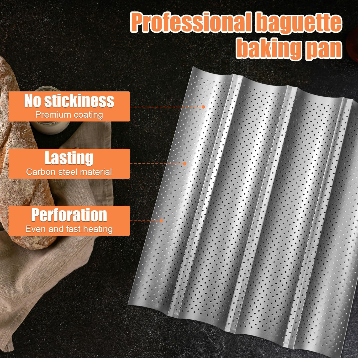 Lasuroa French Bread Baking Pan with Professional Proofing Cloth, 4 Loaves Baguette Bread Pan Long Sourdough Bread Baking Tray Perforated French Bread Pan for Professional & Home Baker image number 5