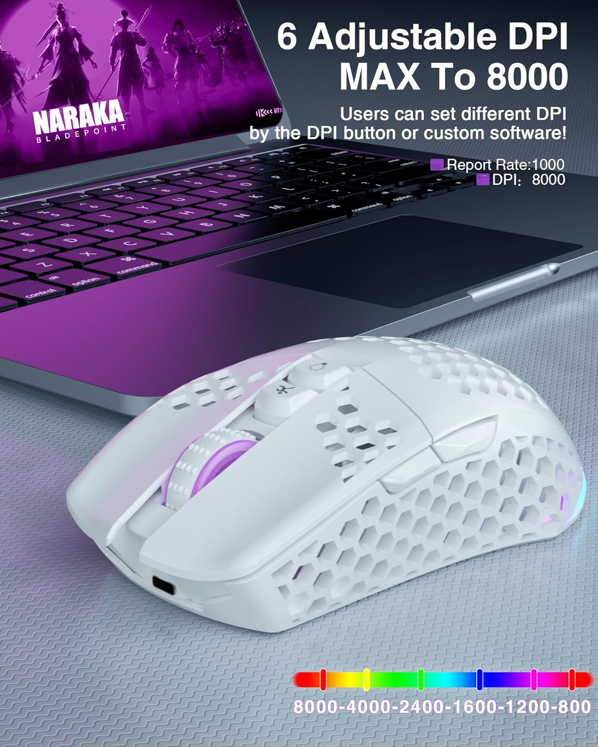 SOLAKAKA SM600 White Wireless Gaming Mouse,Tri-Modes Bt5.1/Type-C Wired/2.4G Wireless Mouse with 2 Side Buttons, Programmable Macro Gamer Mouse with RGB Light for Laptop/Pc/Mac image number 5