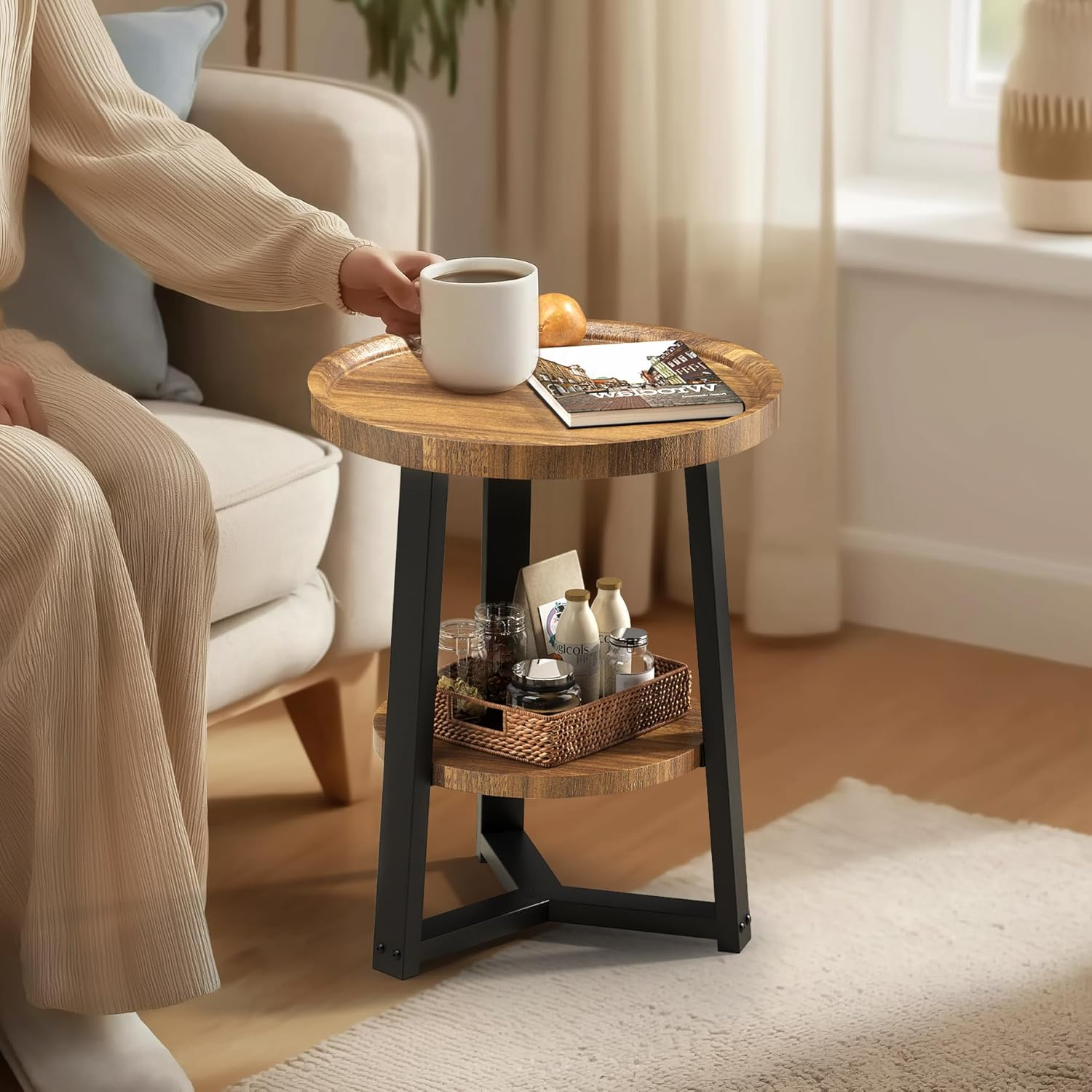 PATIOPIA 2 Tier Side Table, round End Table with Storage Shelf, 19.7" D X 23.6" H Rustic Accent Table for Living Room Small Space,Golden Metal Frame image number 1