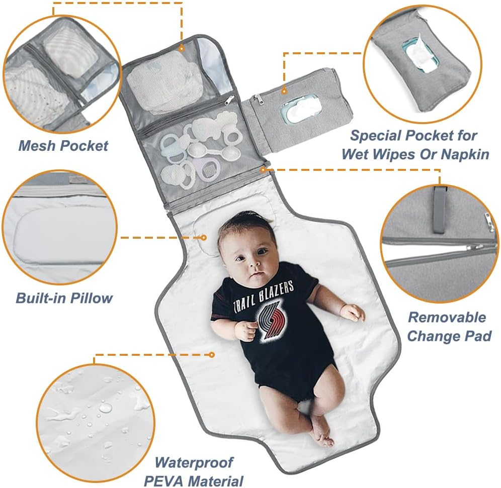 TINY SPARK Portable Diaper Changing Pad, Portable Changing Mat Baby Changing Pad with 4 Pockets Waterproof Travel Changing Kit for Home Uasge and Travel image number 2