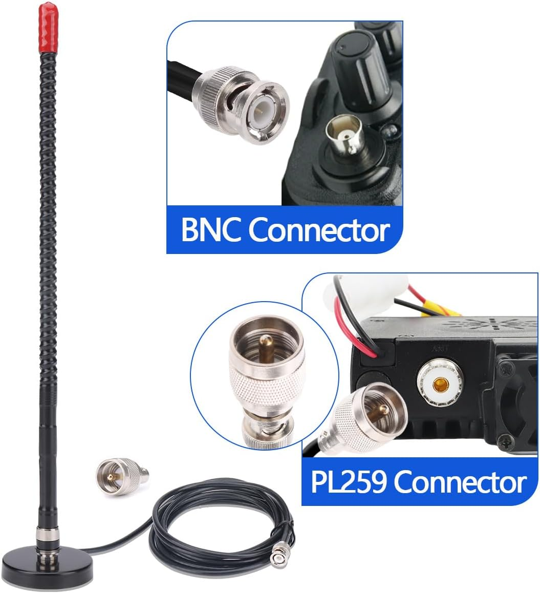 Arridioter CB Radio Antenna Whip Soft 27Mhz Magnetic Mount CB Antenna Kit with PL259 BNC Male Adapter Compatible with Cobra Uniden Midland Maxon Car Mobile Truck Vehicle Portable Handheld CB Radio image number 3