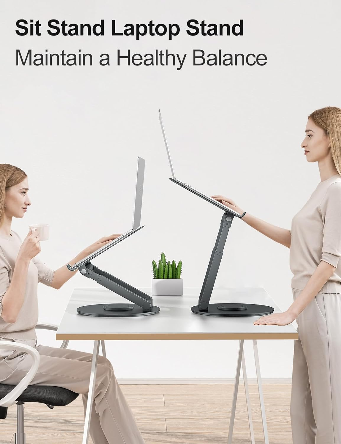 Tounee Telescopic Laptop Stand for Desk with 360&deg; Swivel Base, Sit to Stand, Height Adjustable, Portable Riser Holder for Good Posture, Compatible with Macbook Pro, All Laptops 10-17" - Gray image number 6