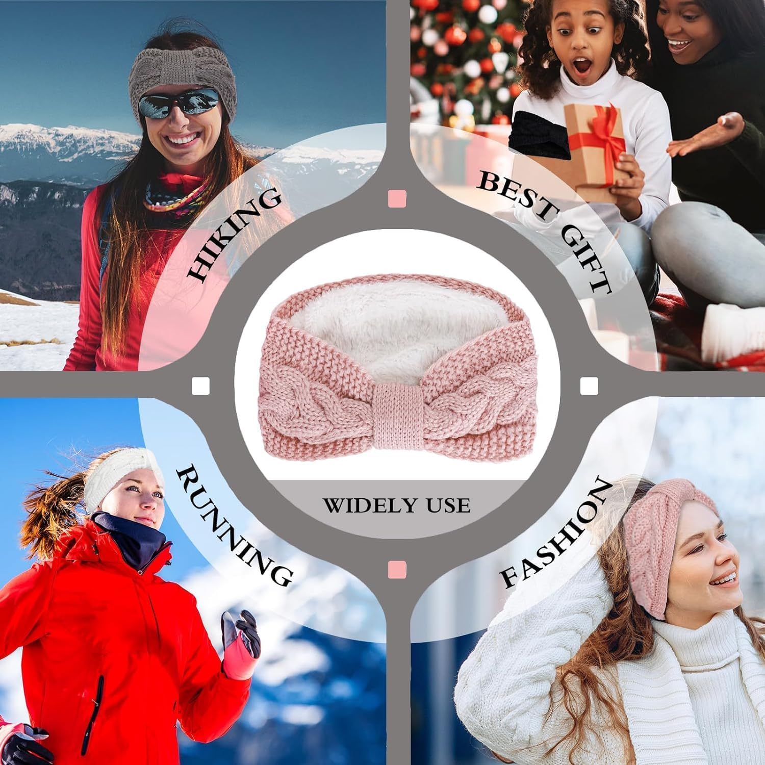 KOMUNJ Winter Headband, Women'S Headbands, Knitted Thick Hair Band, Knitted Warm Headbands, Ear Warmers, Headband for Women and Girls (2 Pieces, White, Pink)