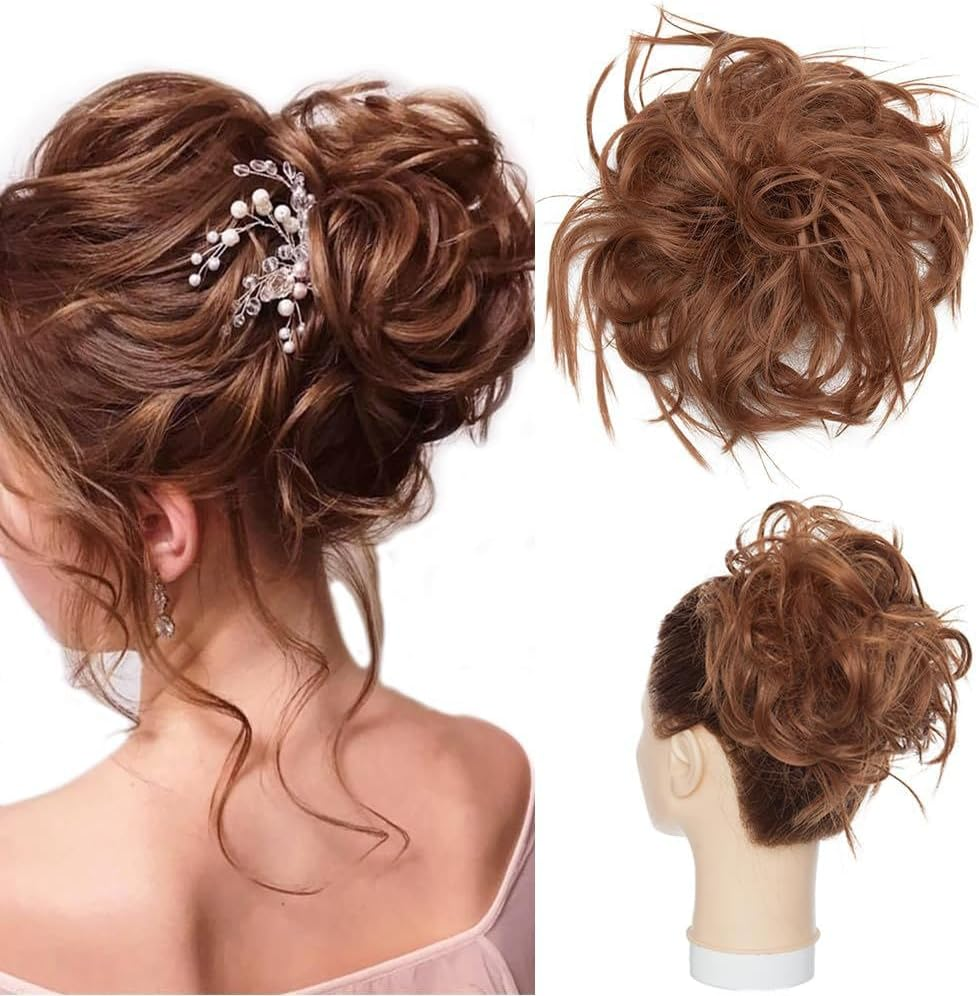 Hairro Messy Bun Hair Piece, Tousled Wavy Hair Pieces for Updos, Fluffy Tousled Short Ponytail Extension for Women Girls，45G #M4 Medium Brown - 12P24 image number 3
