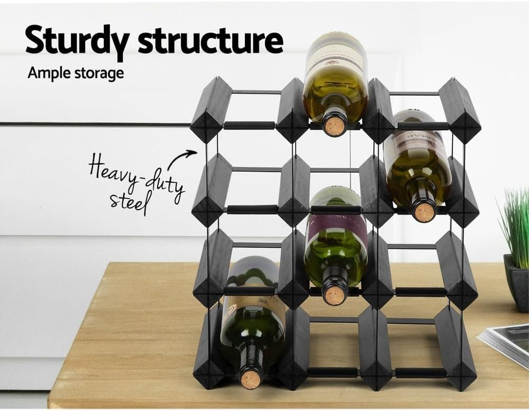 Artiss 4 Tier 12 Bottle Wine Rack, Wooden Timber Wines Bottles Storage Racks Holder Freestanding Display Organiser for Kitchen Cellar Bar, Stackable Modular Pine Wood 32 X 32 X 23.5Cm Black image number 6