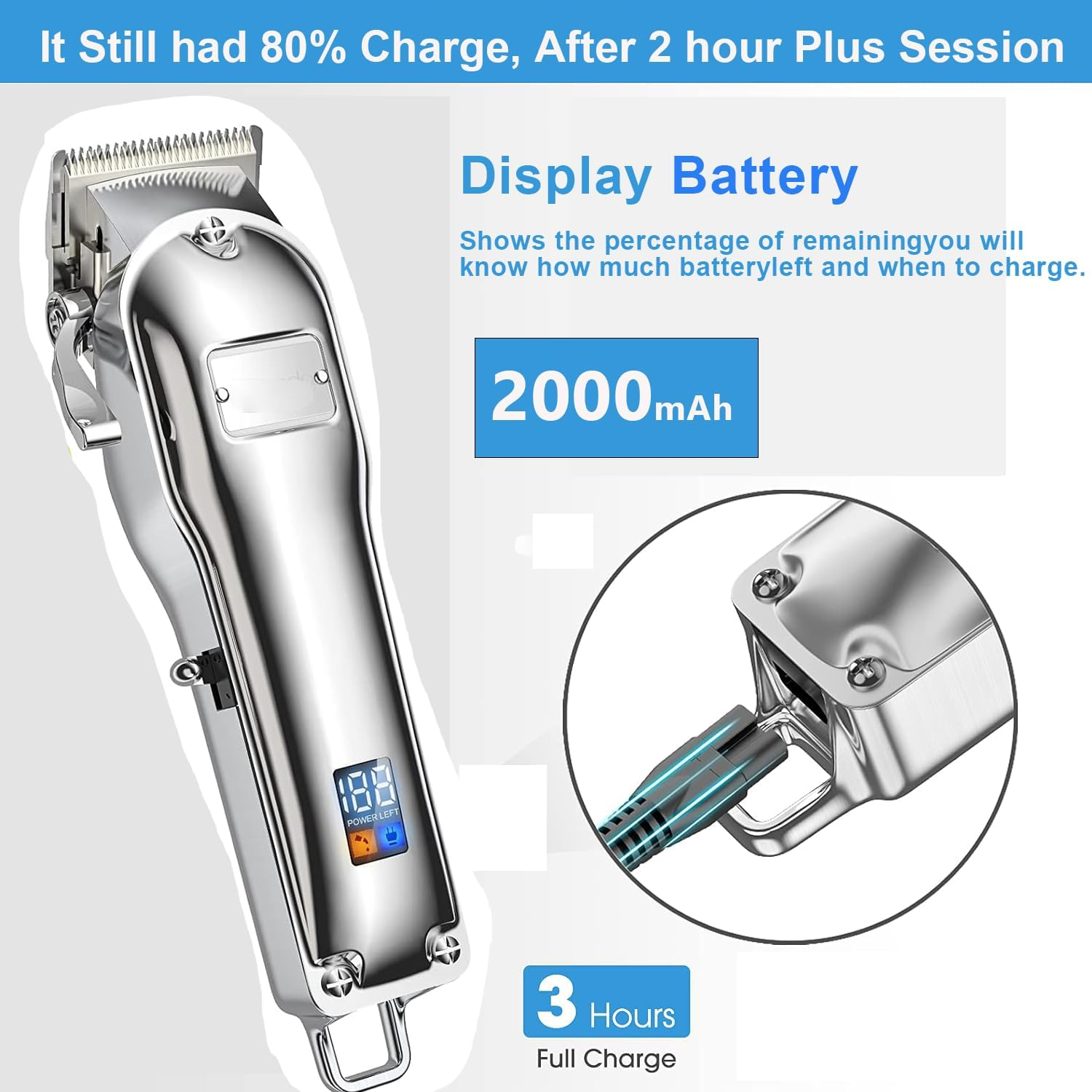 Hair Trimmer for Men, Professional Hair Clippers with 8 Guide Combs, Cordless, Rechargeable, Silver image number 3