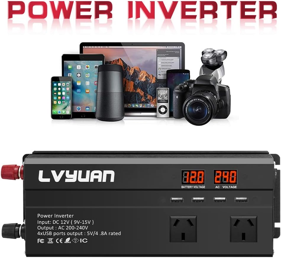 Yinleader Inverter 1000W Car Power Inverters 12V DC to 240V AC Converter with 4 AC Outlet 4 USB, 12 Volt Invertor Car Cigarette Lighter Inverter for Vehicles, Power Inversor 1000 Watts(Red) image number 1