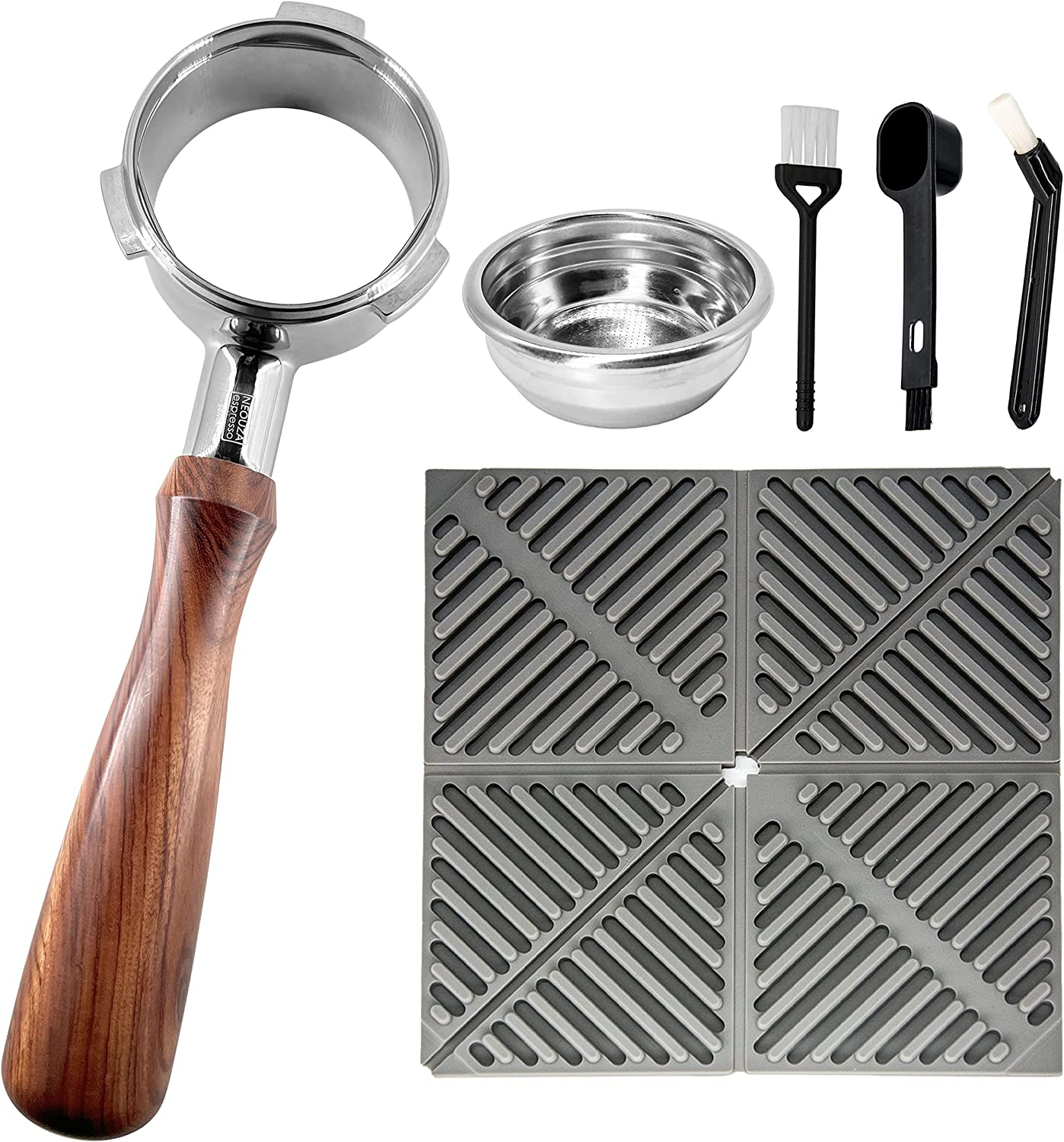 NEOUZA 58Mm Bottomless Three Ears Portafilter Espresso Coffee Machine Compatible with Smeg EGF03 Sunbeam Breville Barista Max Stainless Steel(Gift Set)