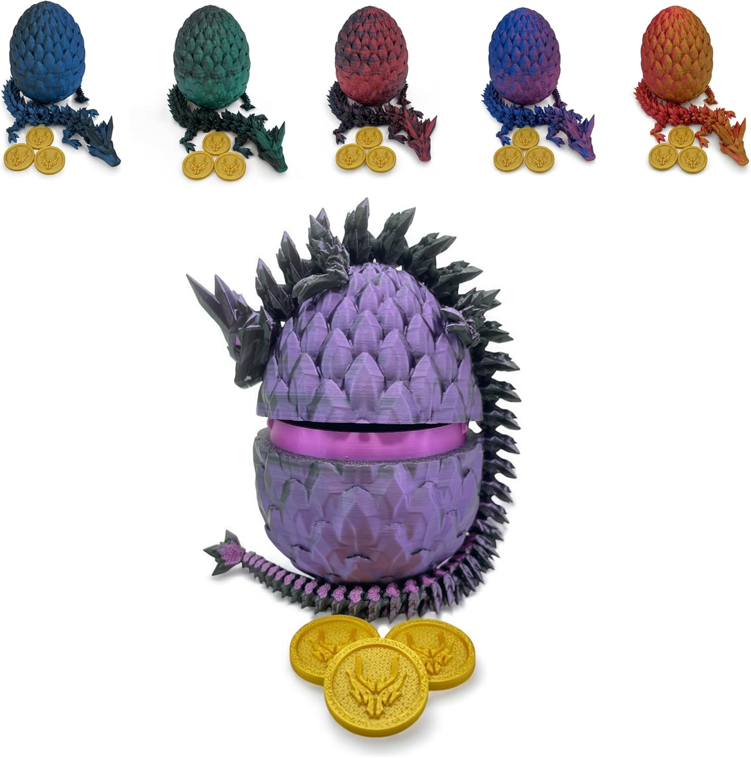 3D Printed Egg with Dragon Inside, Large Crystal Dragon in Scaled Egg with Lucky Coins, Full Articulated Figurine for Adults with ADHD, Autism, Stress and Anxiety Relief (Purple and Black)