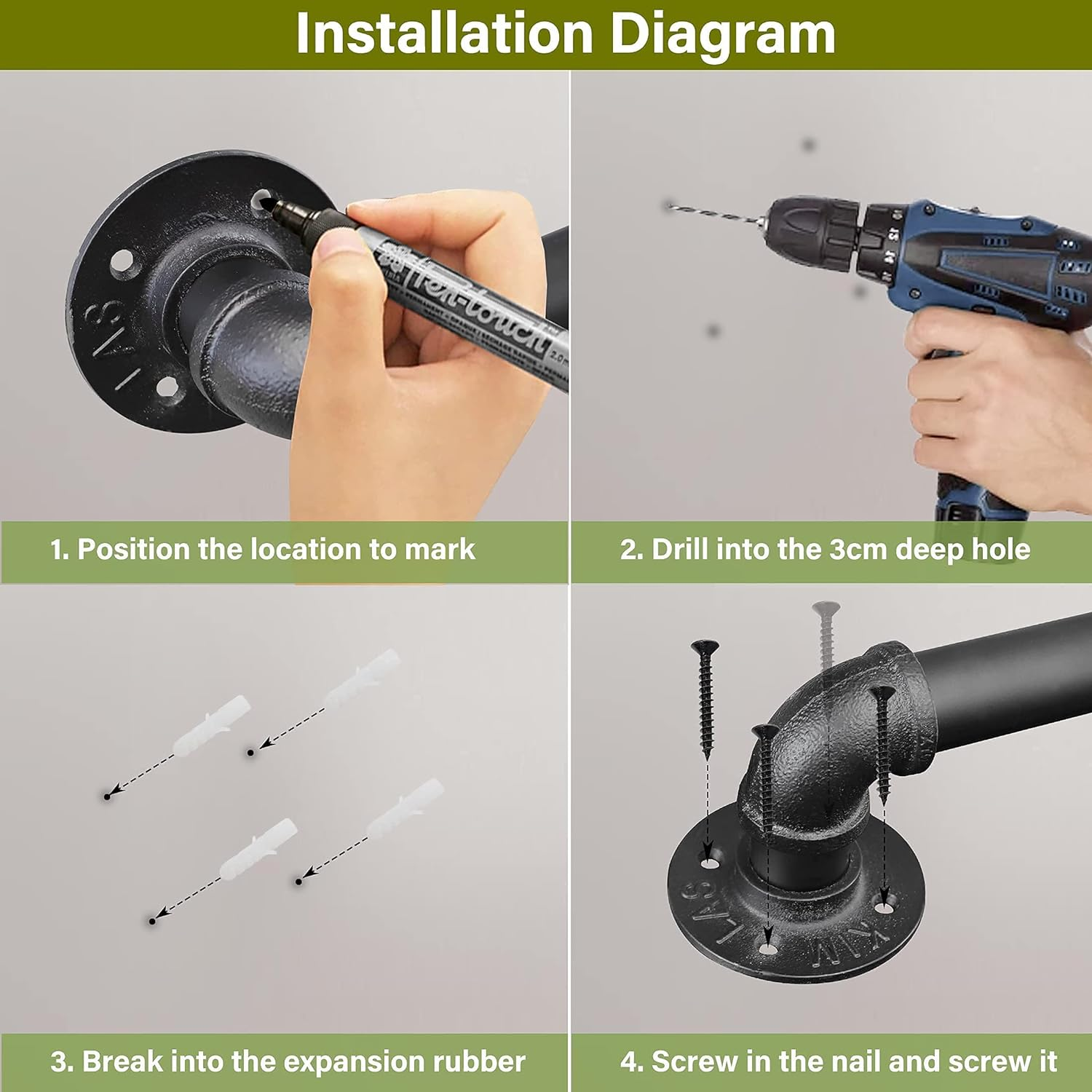 Handrails for Outdoor Steps 5FT, Galvanized Steel Handrails for Indoor Stairs Easy to Install, Iron Balusters Hand Railing Indoor Outdoor for Household or Commercial Buildings image number 5