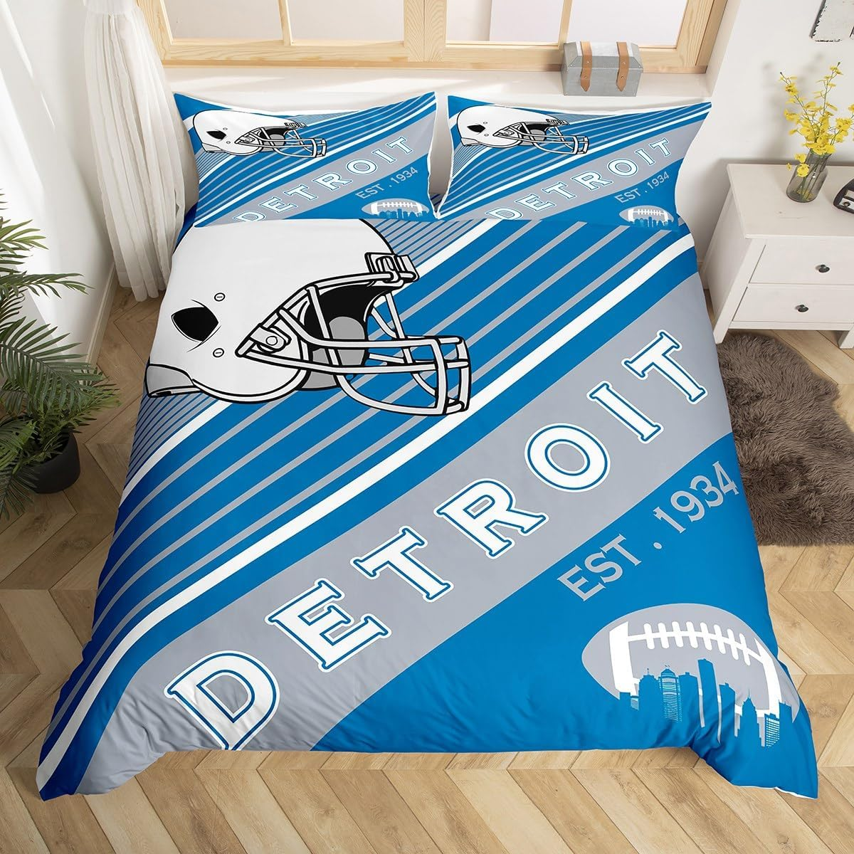 Erosebridal Sports Football Duvet Cover White and Sky Blue Rugby Helmet Bedding Set Twin, American Football City Themed Comforter Cover Retro 3D Ball Game Quilt Cover with 1 Pillowcase(Detroit)