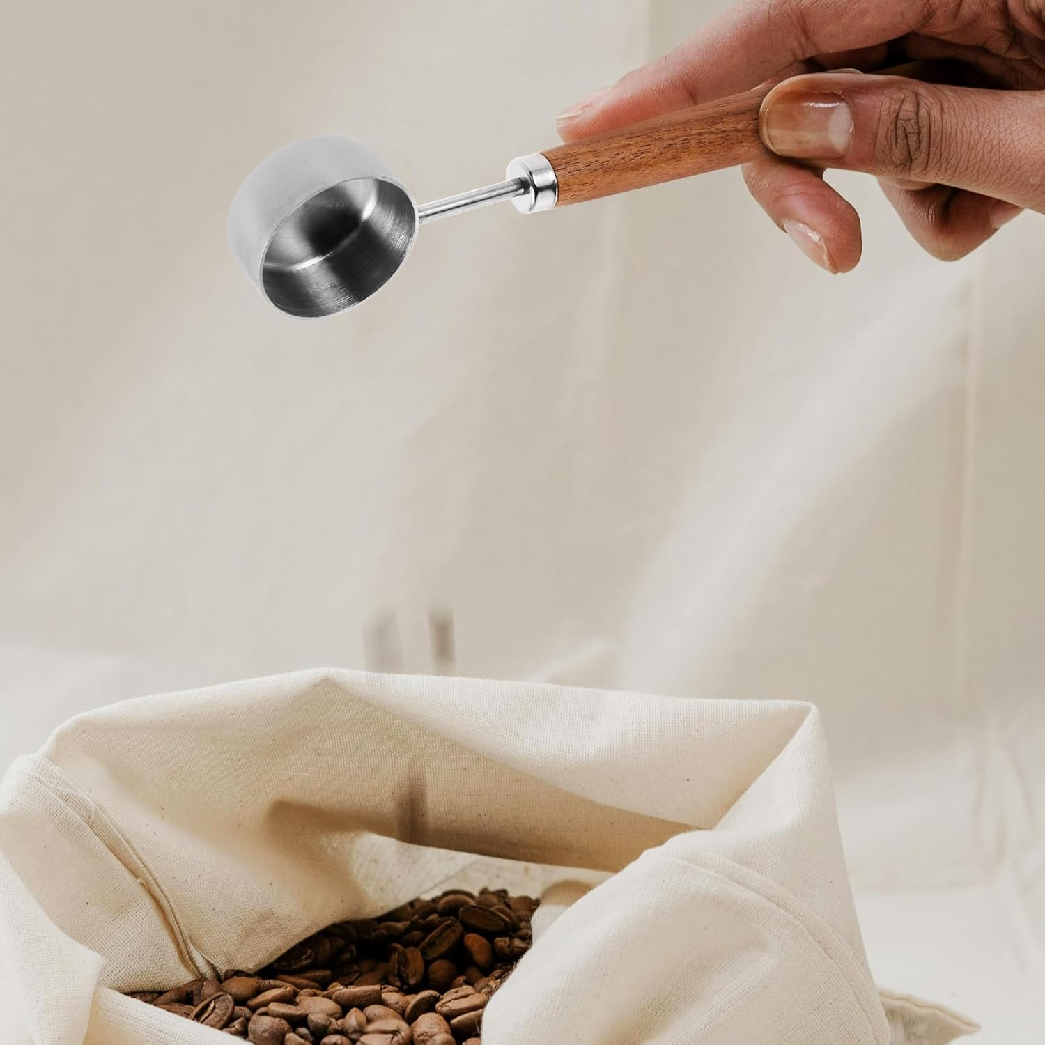 TINEASUR 15Ml Stainless Steel Coffee Bean Measuring Spoon with Walnut Wood Handle, round Espresso Scoop for Tea, Sugar, and Powder, Long Handle Coffee Scoop for Home Brewing image number 1