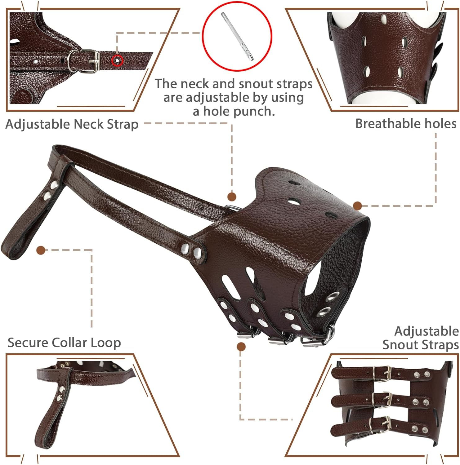 BARKLESS Dog Muzzle Leather, Comfort Secure Anti-Barking Leather Dog Muzzle for Small Medium Large Dogs, Breathable and Adjustable, Allows Drinking and Panting, Used with Collars image number 2