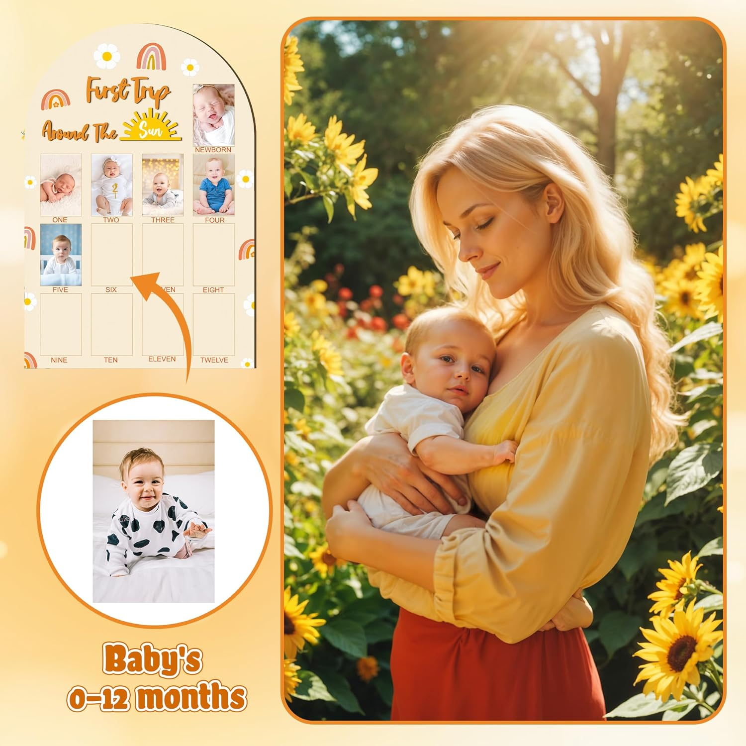 R HORSE My First Year Photo Frame Board, 3D Boho Sun Rainbow Display Wood Board, Baby&rsquo;S 1St Year Picture Frame, 12 Months Milestone One Year Old Birthday Decoration, Baby Keepsake Gift for Boy Girl image number 2