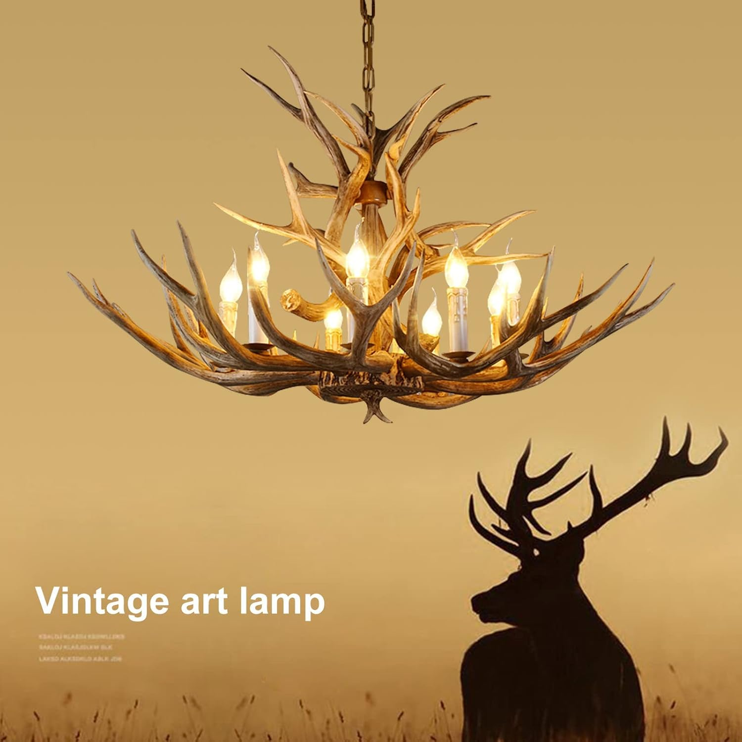 Rustic Antler Chandelier 8 Light, Large Deer Antler Chandelier Lighting Resin Antler Light Fixtures, Vintage Farmhouse Deer Horn Chandelier for Dining Room Kitchen Living Room, 8 Lights 11 Antlers image number 6
