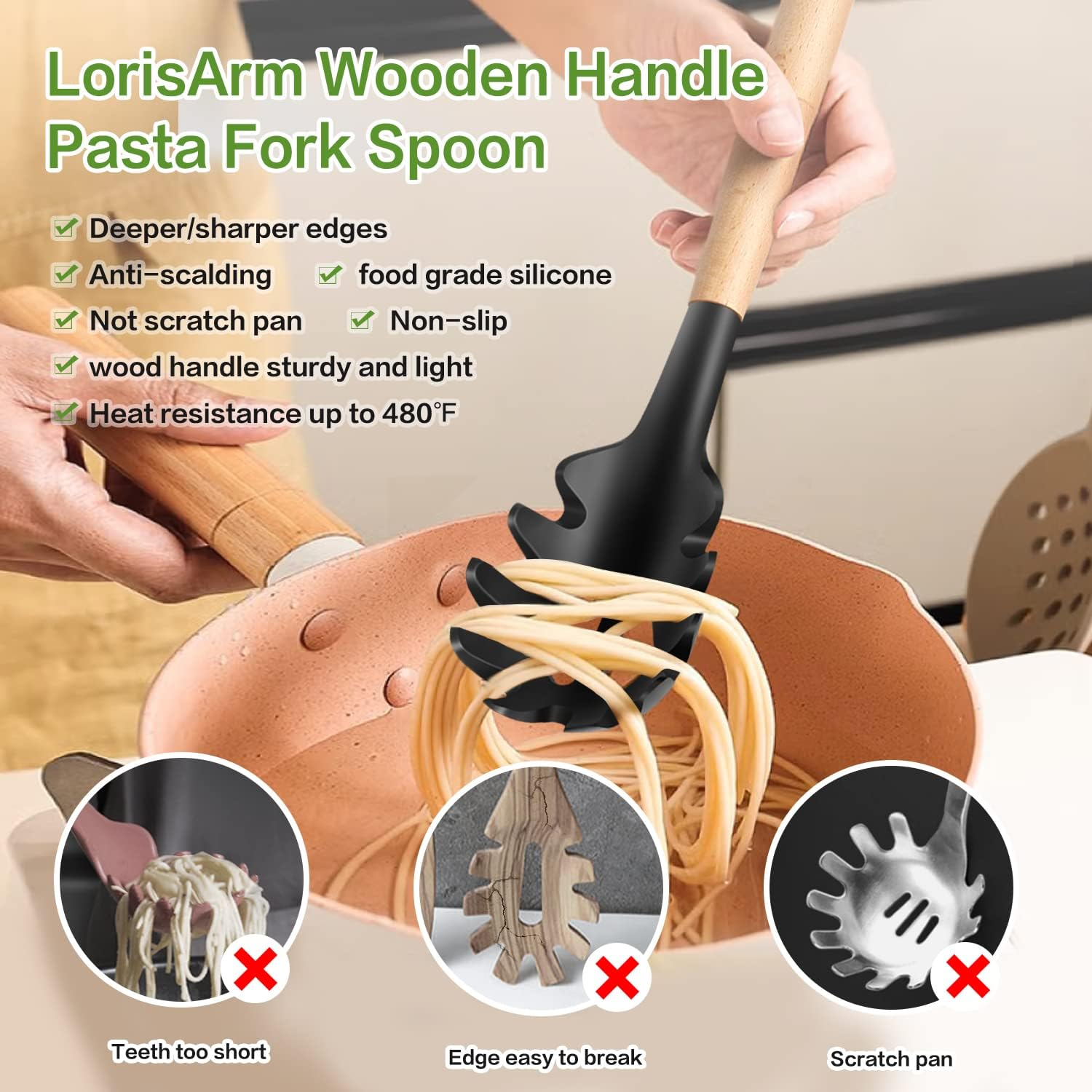 Lorisarm Wooden Handle Pasta Fork Spoon 12" Silicone Spaghetti Fork Food Grade Noodle Spoon, BPA Free, Spaghetti Spoons Strainer & Server Spoonss